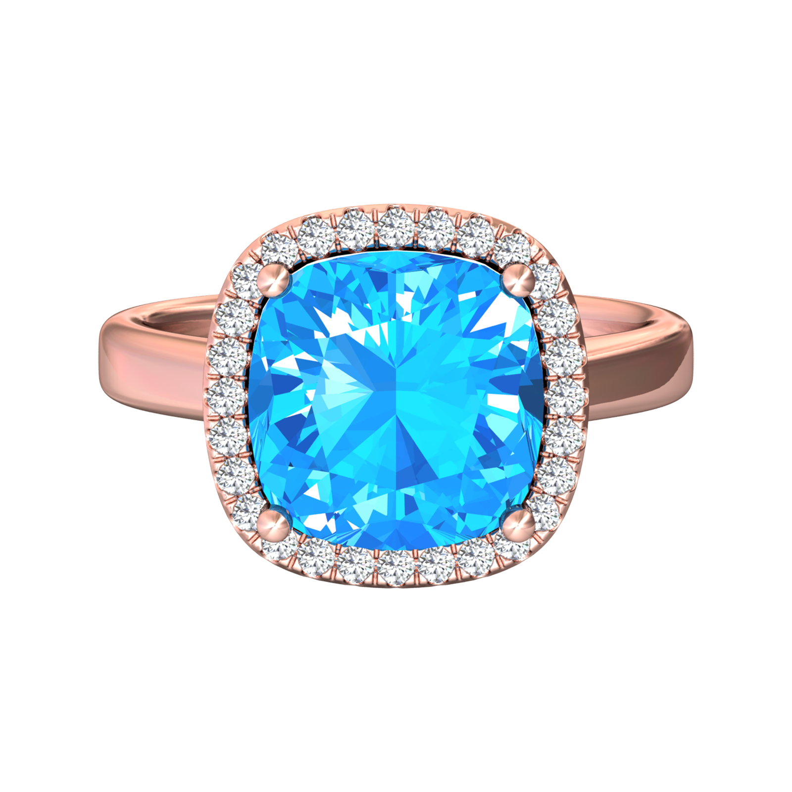 Nova cushion shaped Swiss Blue Topaz ring with a halo of diamonds Gardiner Brothers