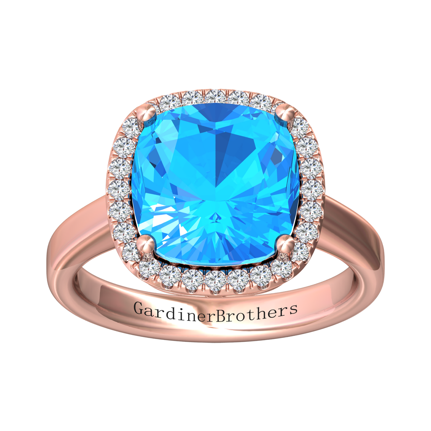 Nova cushion shaped Swiss Blue Topaz ring with a halo of diamonds Gardiner Brothers