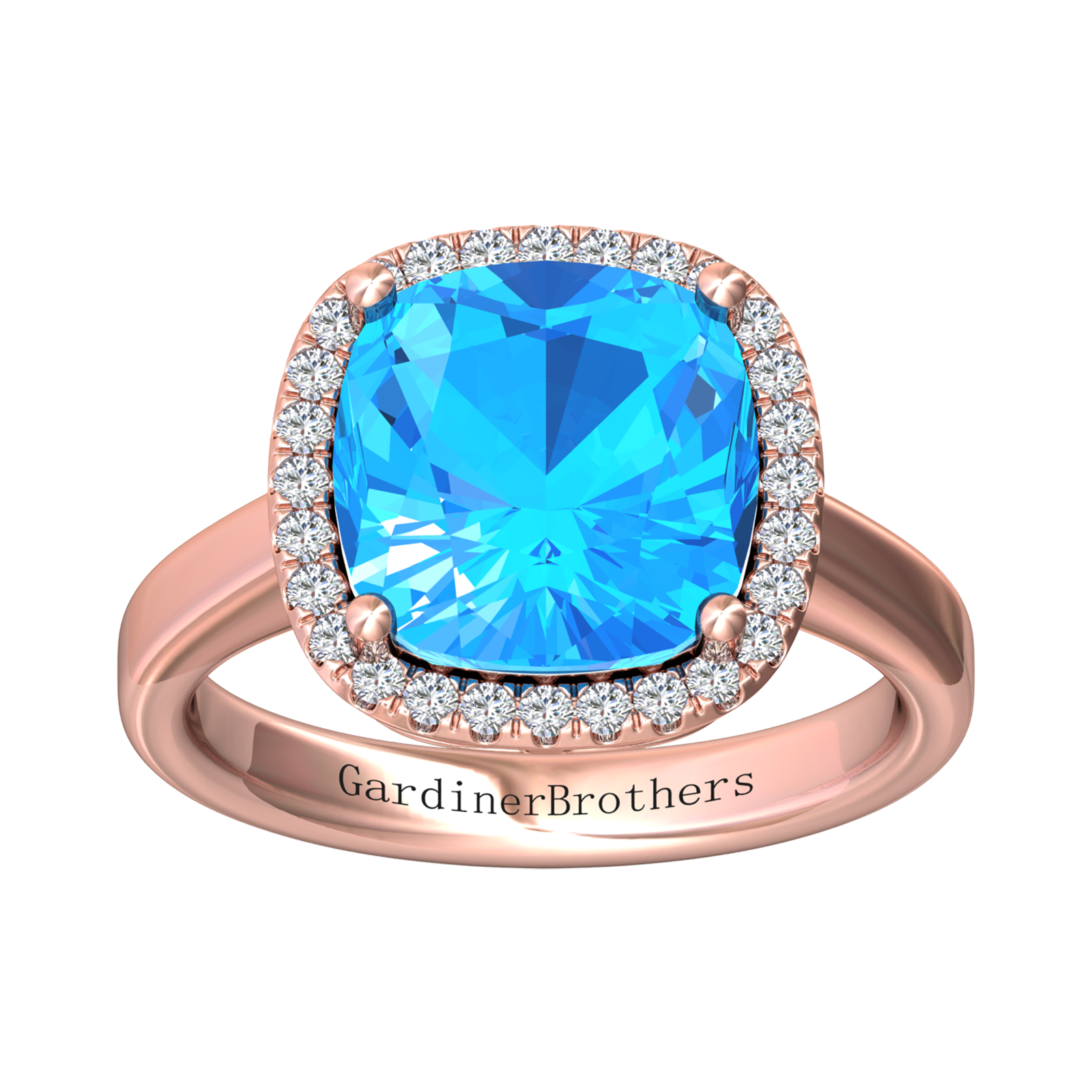 Nova cushion shaped Swiss Blue Topaz ring with a halo of diamonds Gardiner Brothers