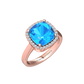 Nova cushion shaped Swiss Blue Topaz ring with a halo of diamonds Gardiner Brothers Rose Gold