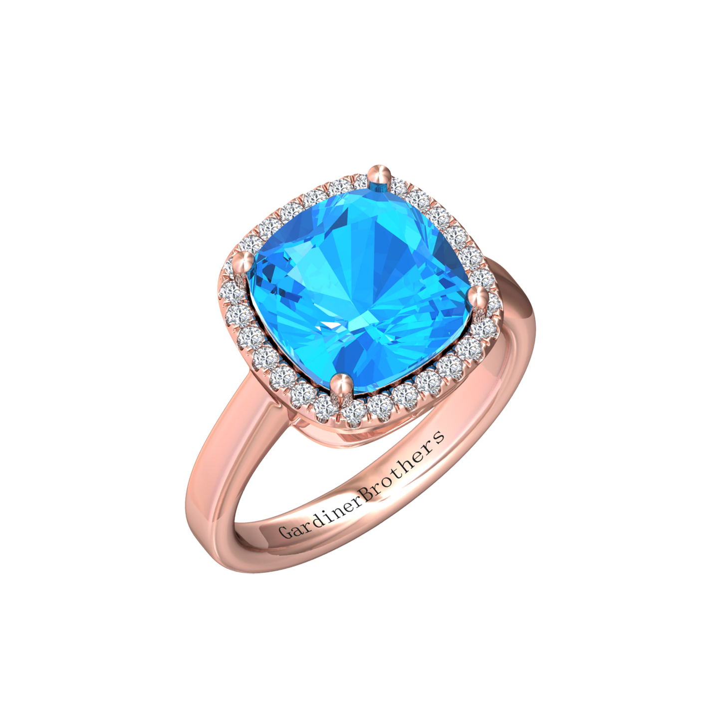 Nova cushion shaped Swiss Blue Topaz ring with a halo of diamonds Gardiner Brothers Rose Gold