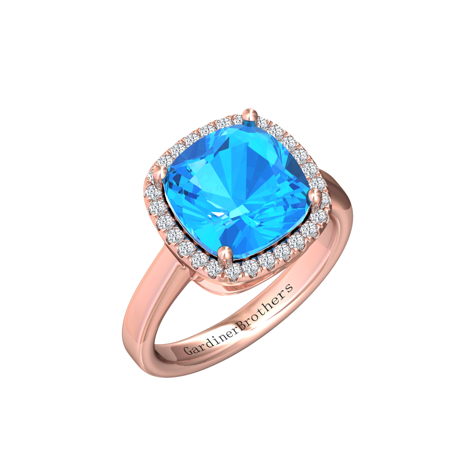 Nova cushion shaped Swiss Blue Topaz ring with a halo of diamonds Gardiner Brothers Rose Gold