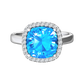 Nova cushion shaped Swiss Blue Topaz ring with a halo of diamonds Gardiner Brothers