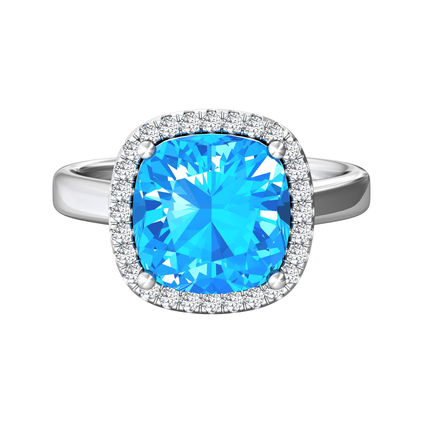 Nova cushion shaped Swiss Blue Topaz ring with a halo of diamonds Gardiner Brothers
