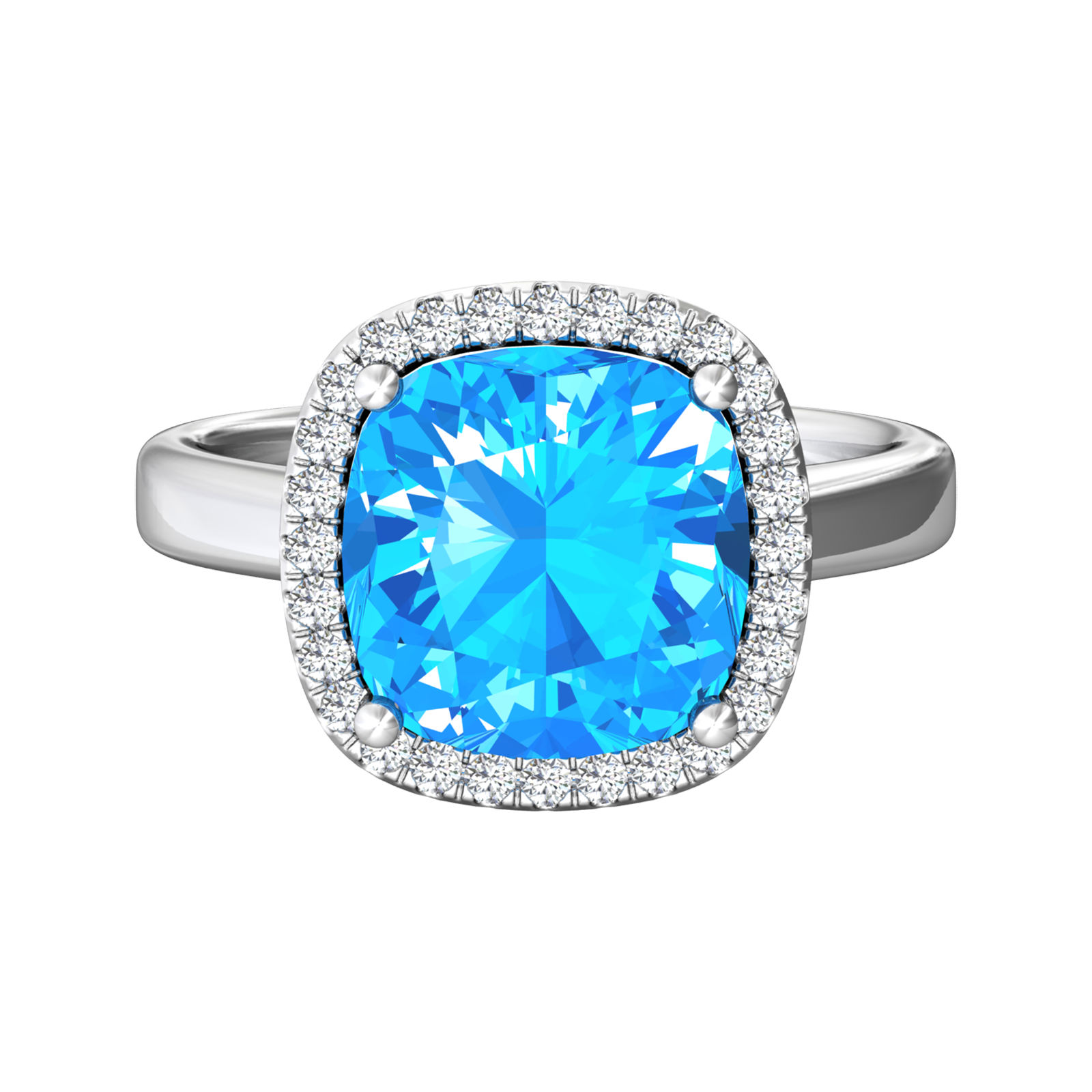 Nova cushion shaped Swiss Blue Topaz ring with a halo of diamonds Gardiner Brothers