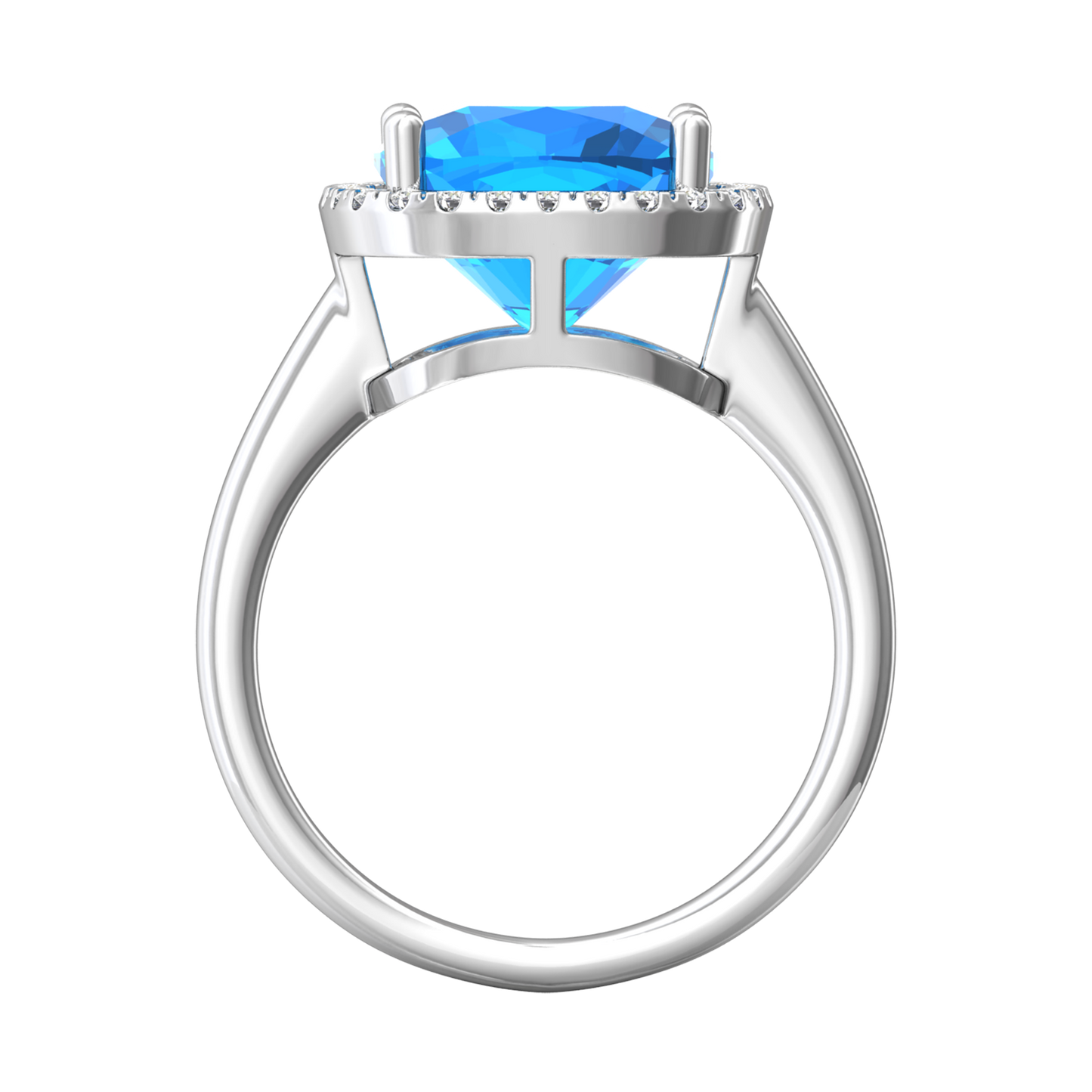 Nova cushion shaped Swiss Blue Topaz ring with a halo of diamonds Gardiner Brothers