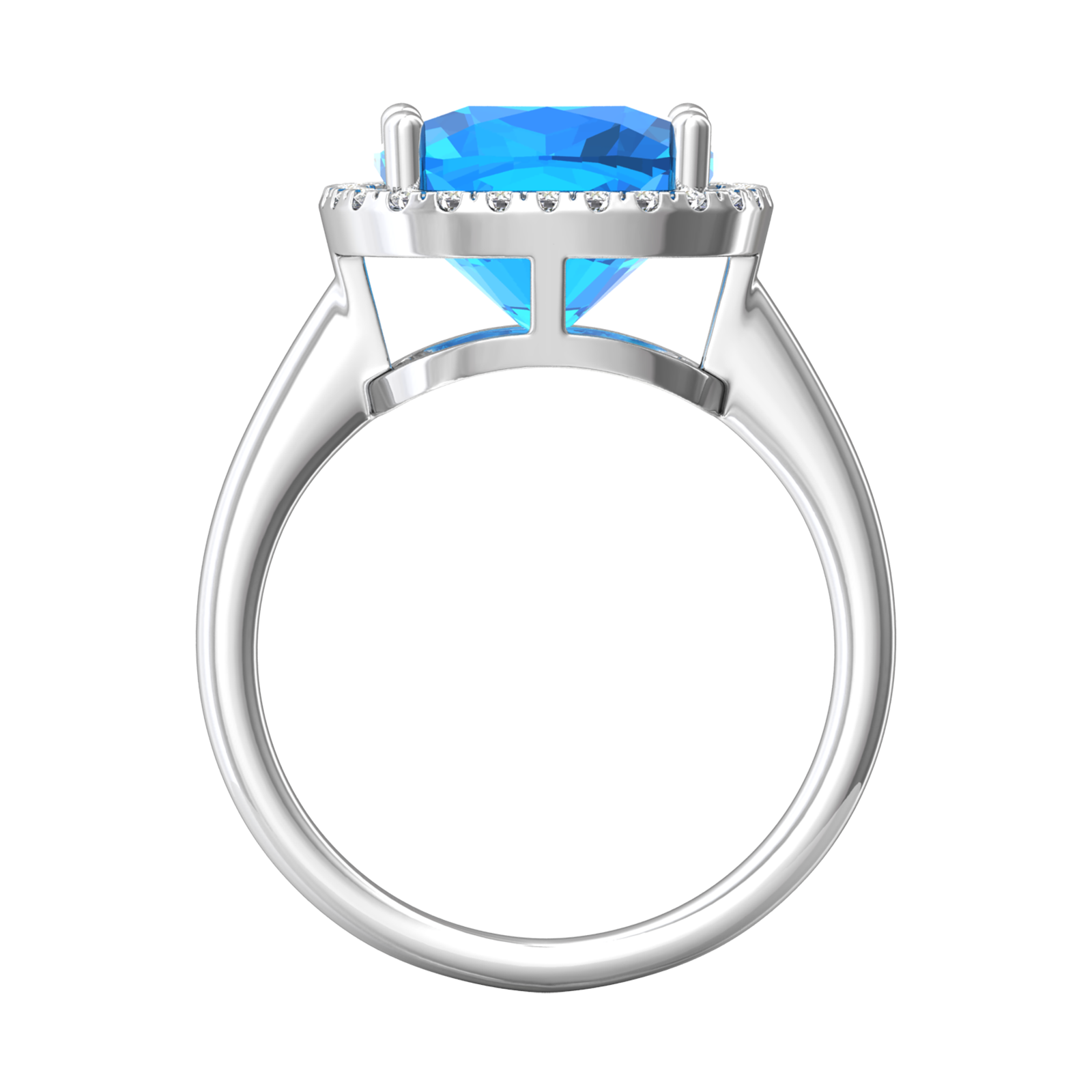 Nova cushion shaped Swiss Blue Topaz ring with a halo of diamonds Gardiner Brothers