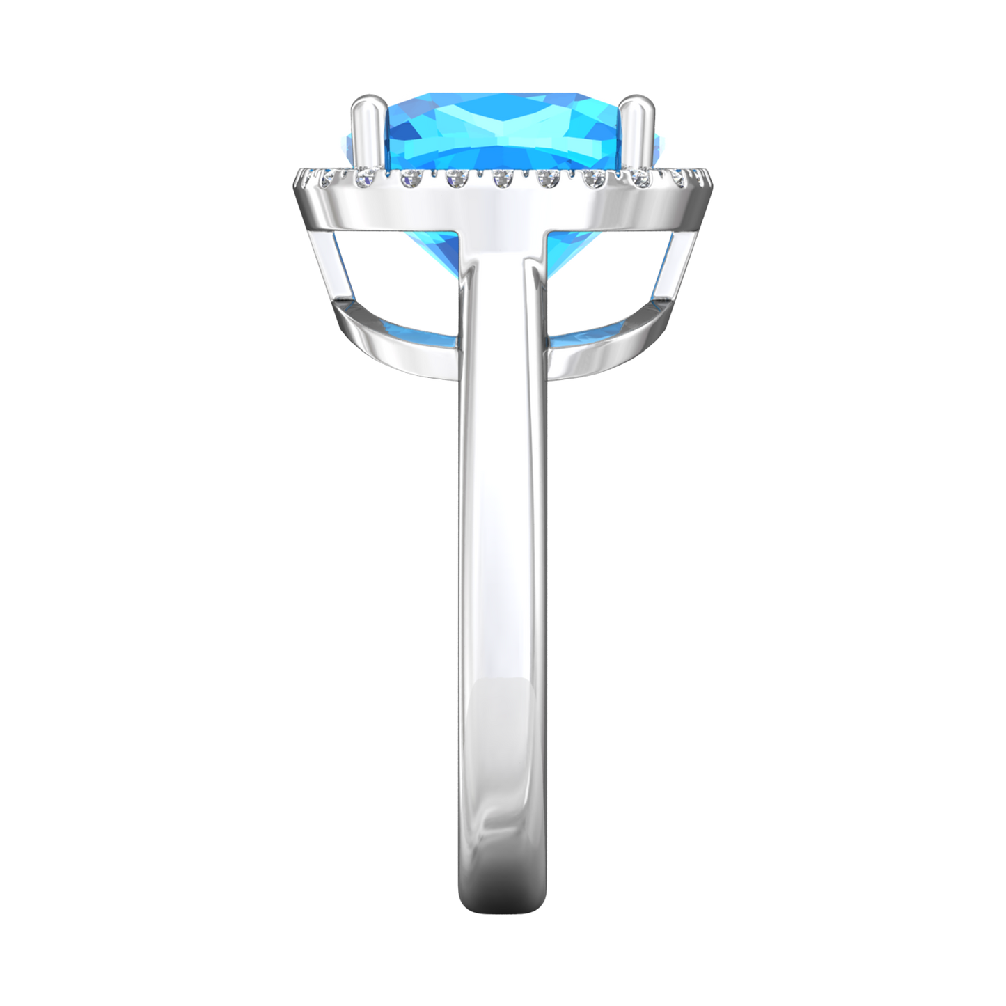 Nova cushion shaped Swiss Blue Topaz ring with a halo of diamonds Gardiner Brothers