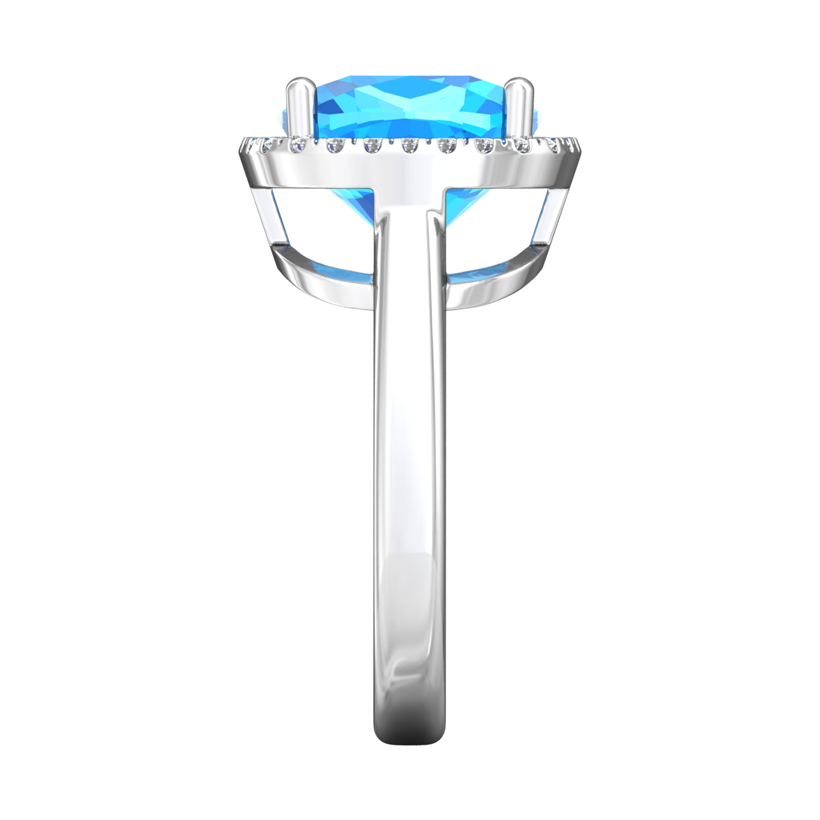 Nova cushion shaped Swiss Blue Topaz ring with a halo of diamonds Gardiner Brothers