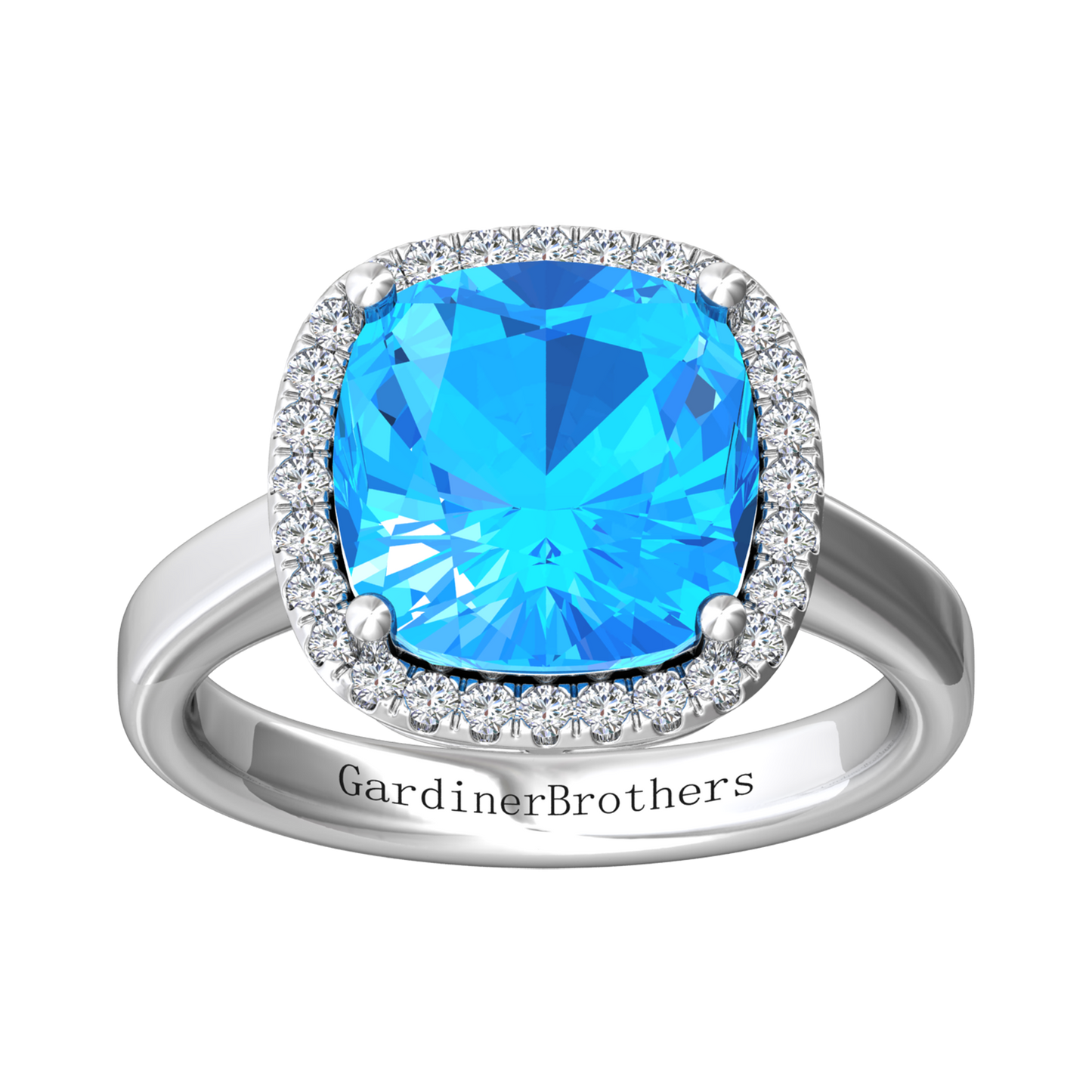 Nova cushion shaped Swiss Blue Topaz ring with a halo of diamonds Gardiner Brothers