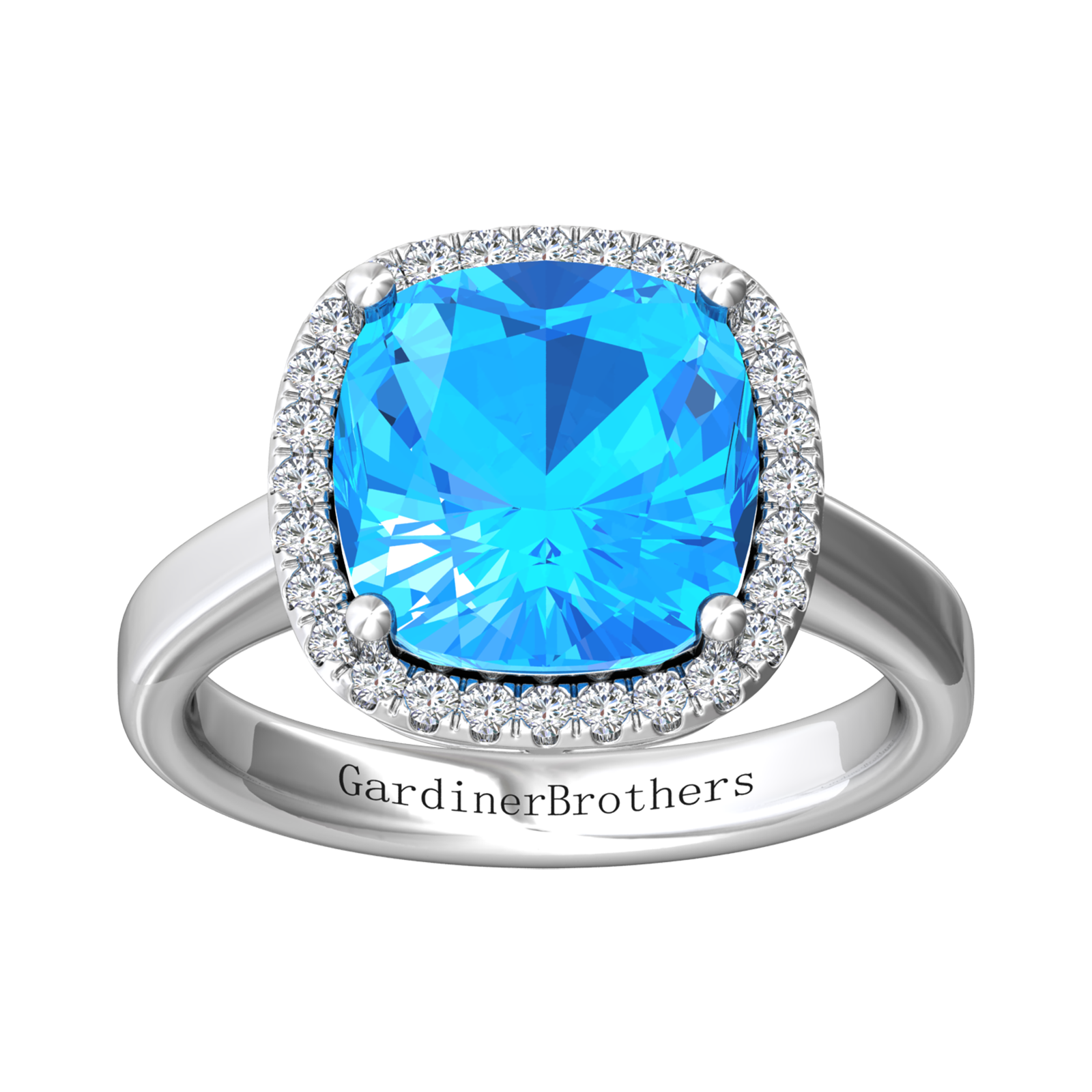 Nova cushion shaped Swiss Blue Topaz ring with a halo of diamonds Gardiner Brothers