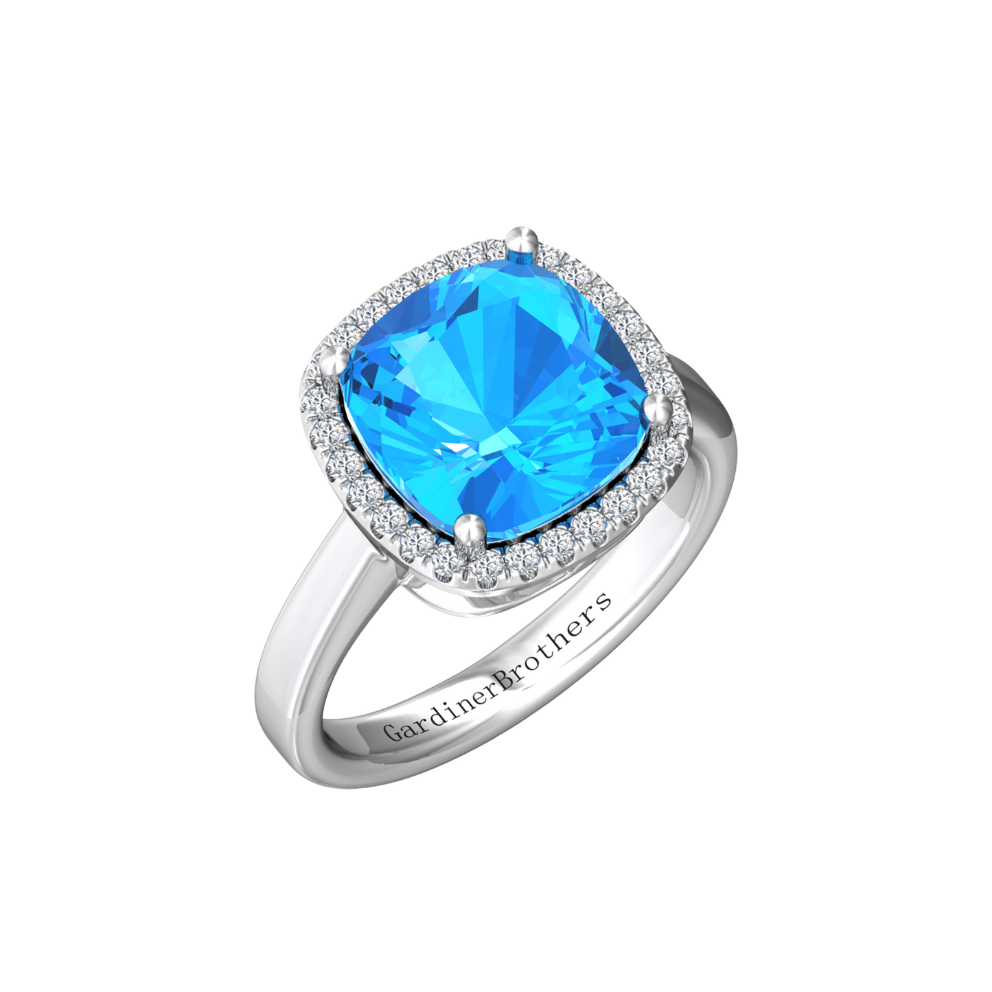 Nova cushion shaped Swiss Blue Topaz ring with a halo of diamonds Gardiner Brothers White Gold