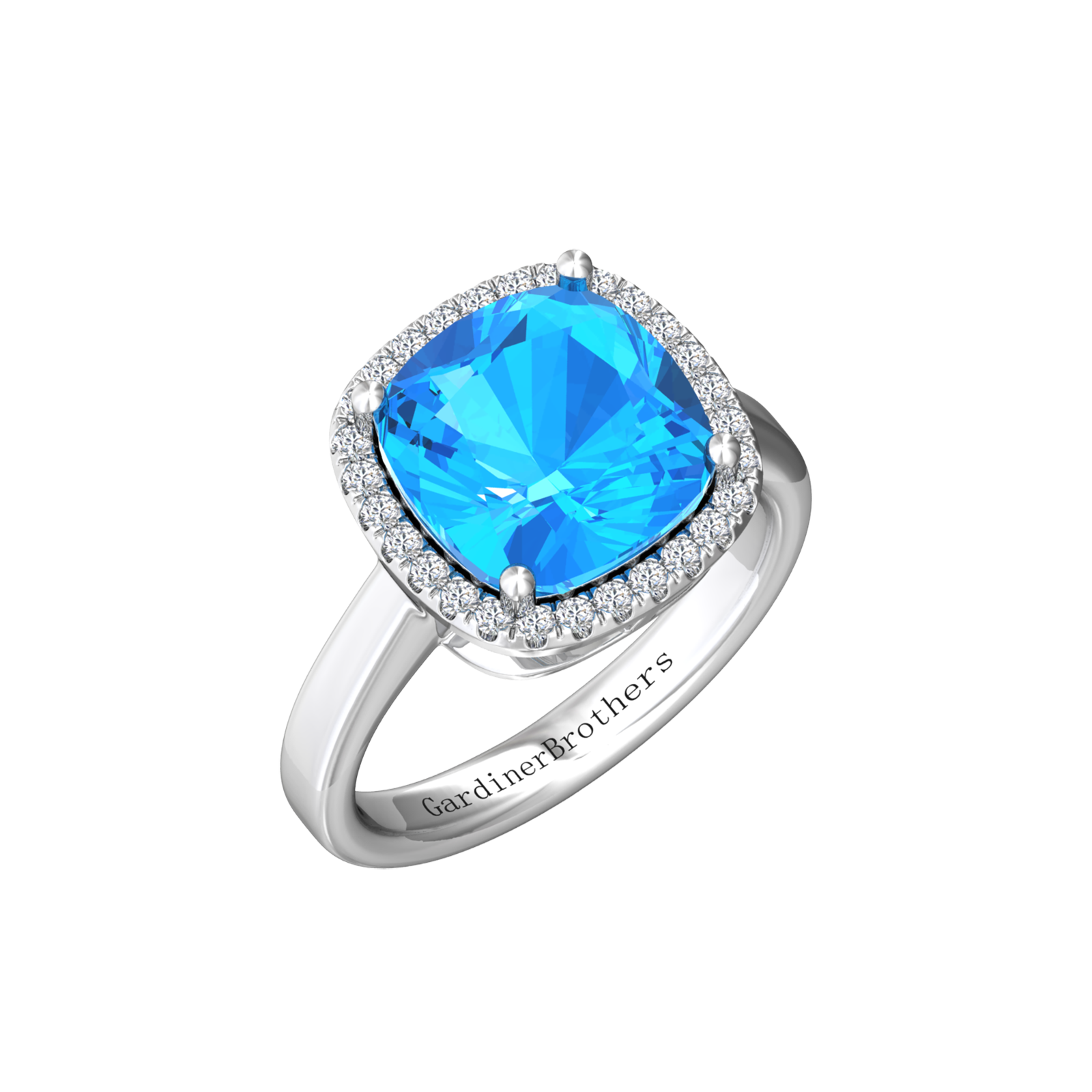 Nova cushion shaped Swiss Blue Topaz ring with a halo of diamonds Gardiner Brothers White Gold