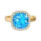 Nova cushion shaped Swiss Blue Topaz ring with a halo of diamonds Gardiner Brothers