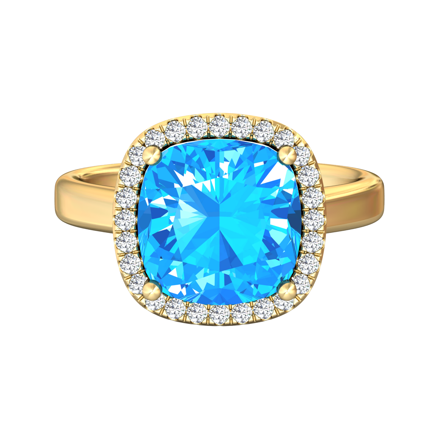 Nova cushion shaped Swiss Blue Topaz ring with a halo of diamonds Gardiner Brothers