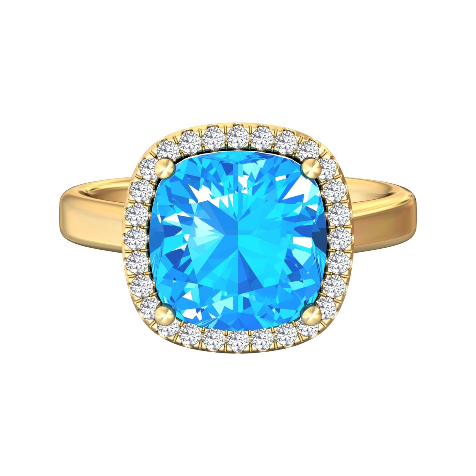 Nova cushion shaped Swiss Blue Topaz ring with a halo of diamonds Gardiner Brothers