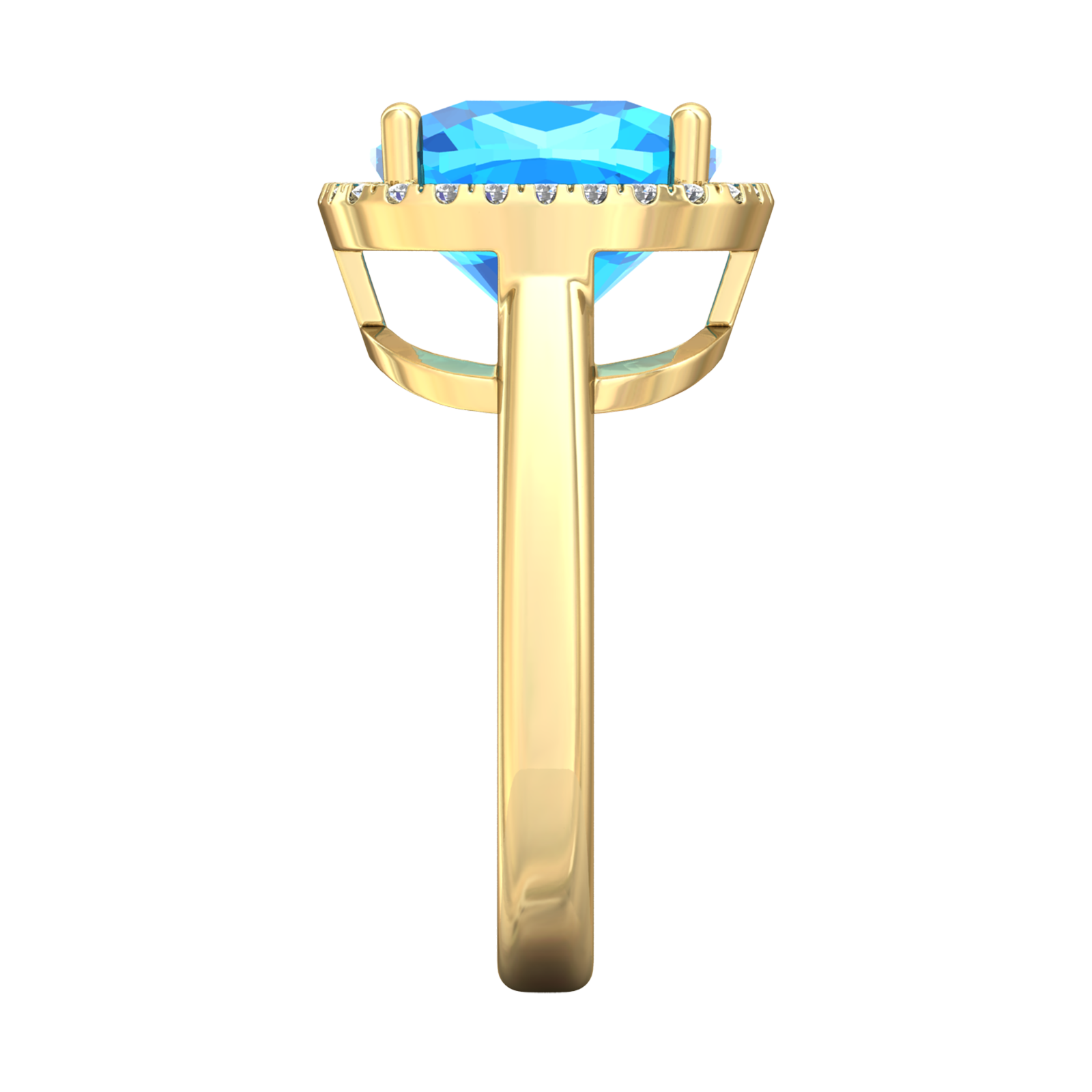 Nova cushion shaped Swiss Blue Topaz ring with a halo of diamonds Gardiner Brothers