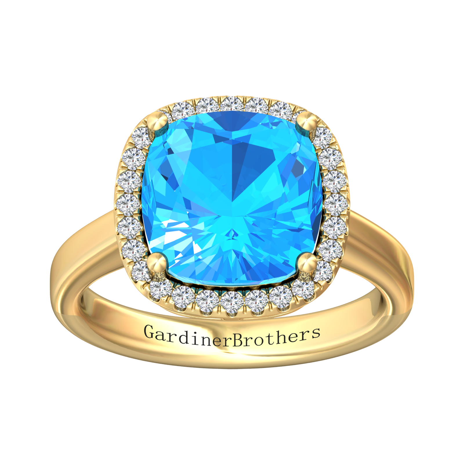 Nova cushion shaped Swiss Blue Topaz ring with a halo of diamonds Gardiner Brothers