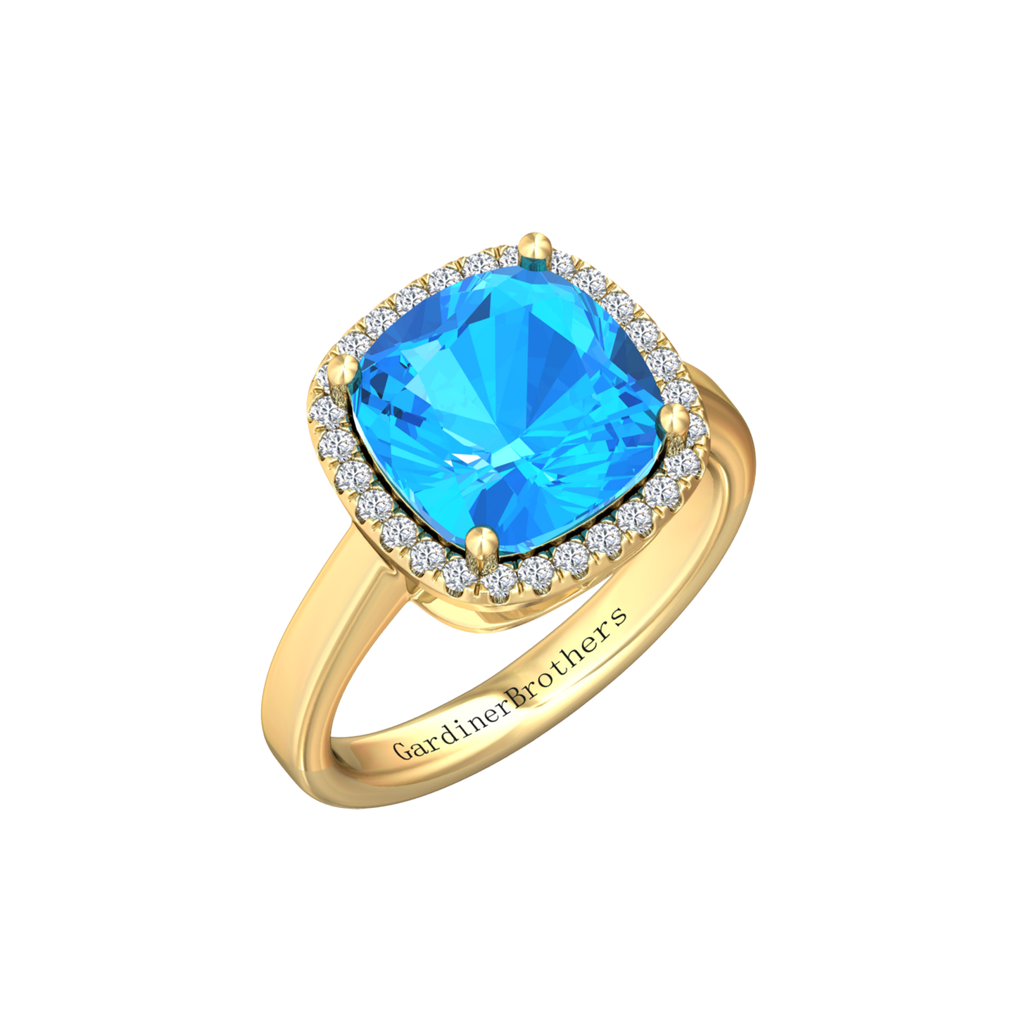 Nova cushion shaped Swiss Blue Topaz ring with a halo of diamonds Gardiner Brothers Yellow Gold