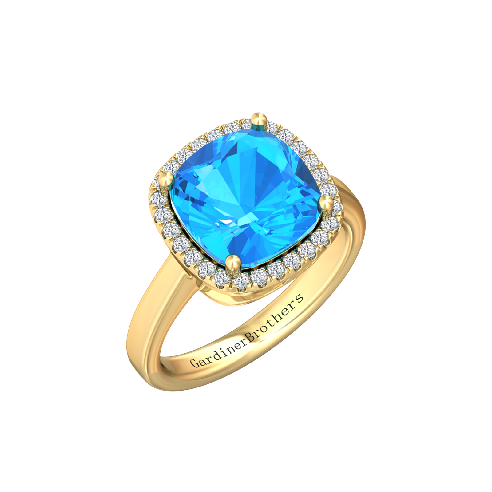 Nova cushion shaped Swiss Blue Topaz ring with a halo of diamonds Gardiner Brothers Yellow Gold
