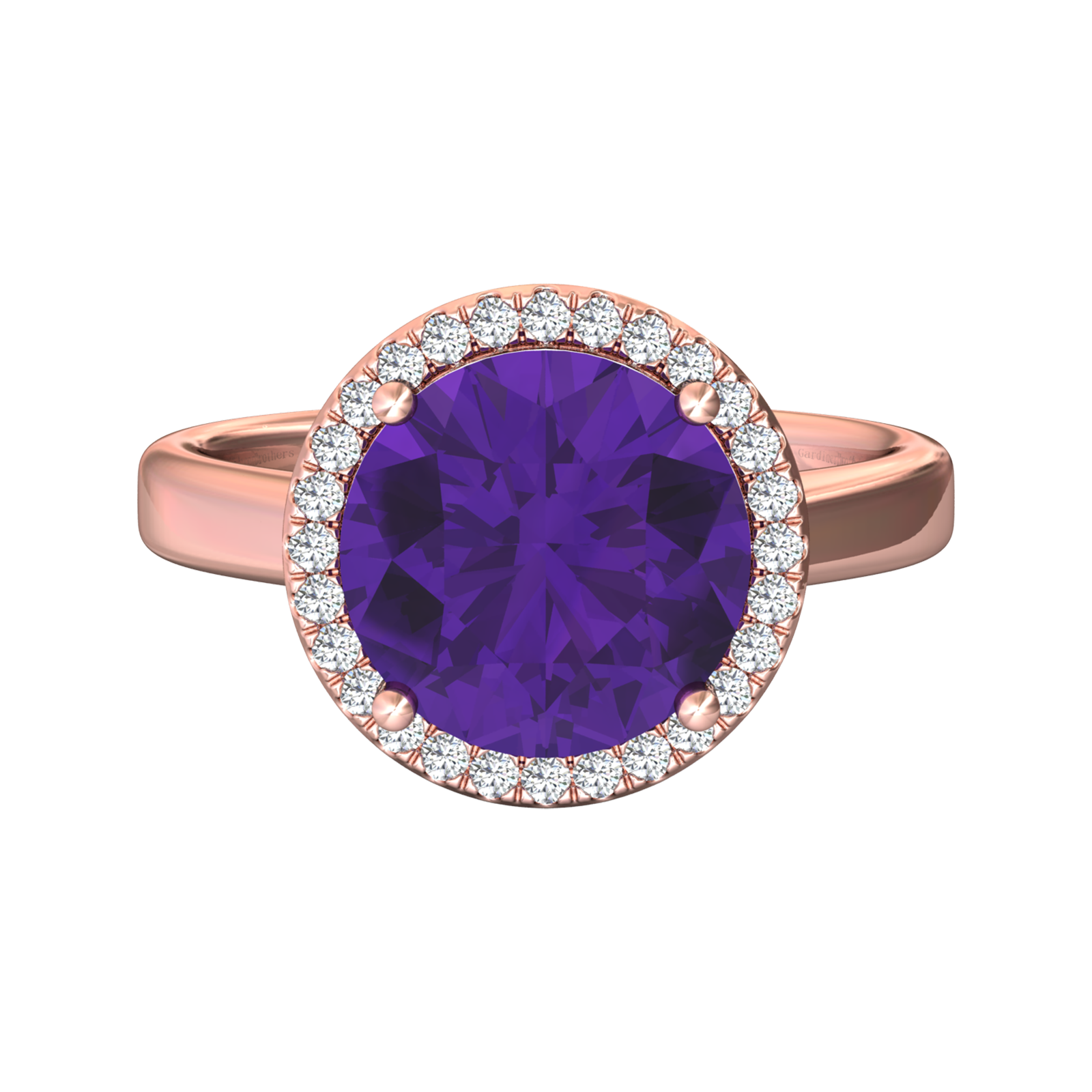 Nova round Amethyst ring with a halo of diamonds Gardiner Brothers