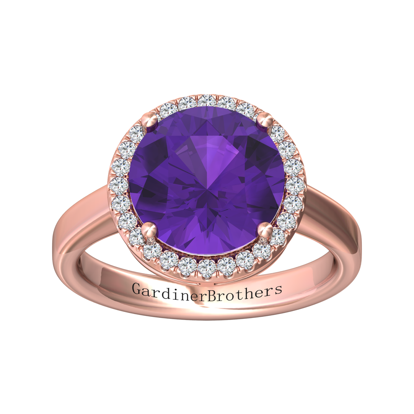 Nova round Amethyst ring with a halo of diamonds Gardiner Brothers
