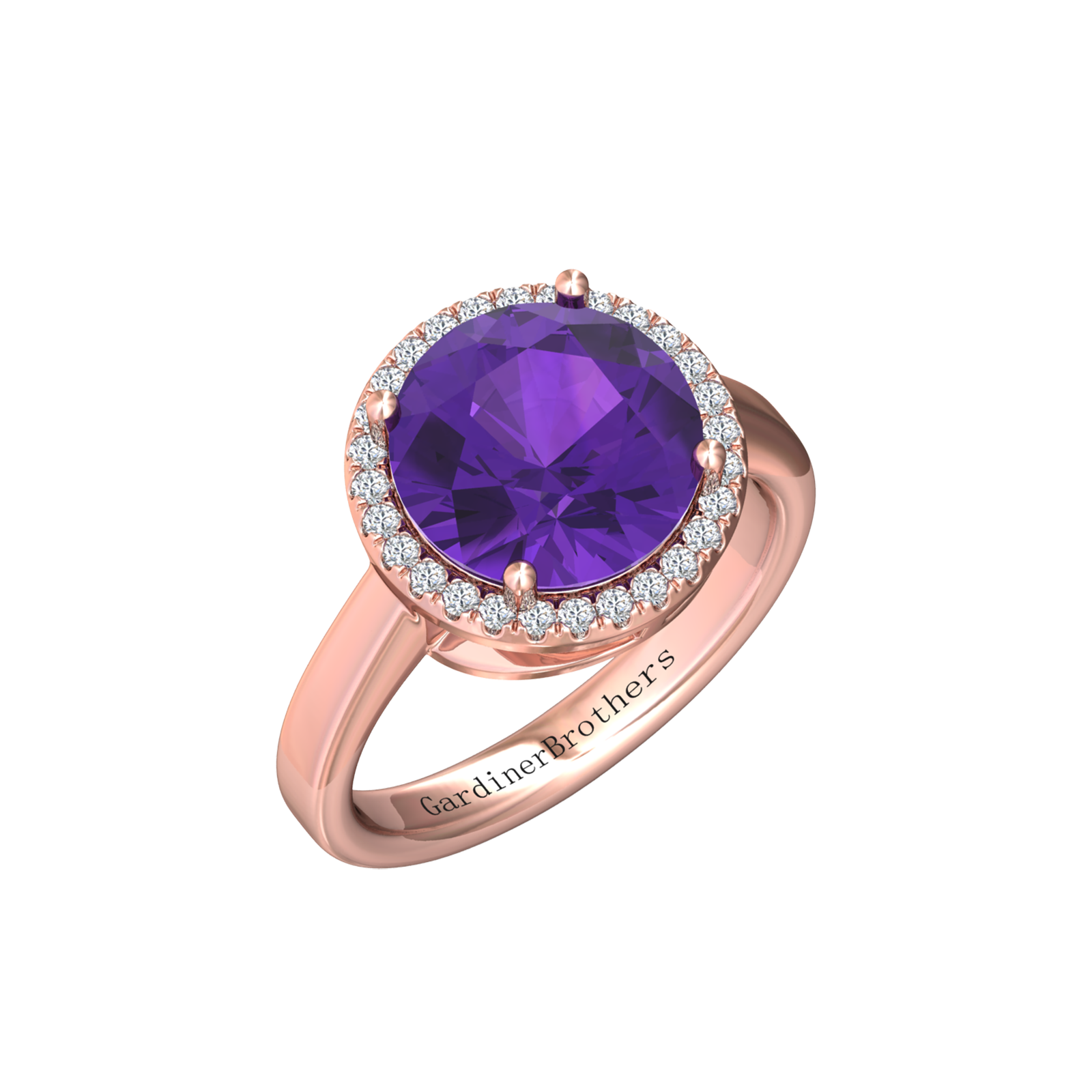 Nova round Amethyst ring with a halo of diamonds Gardiner Brothers Rose Gold