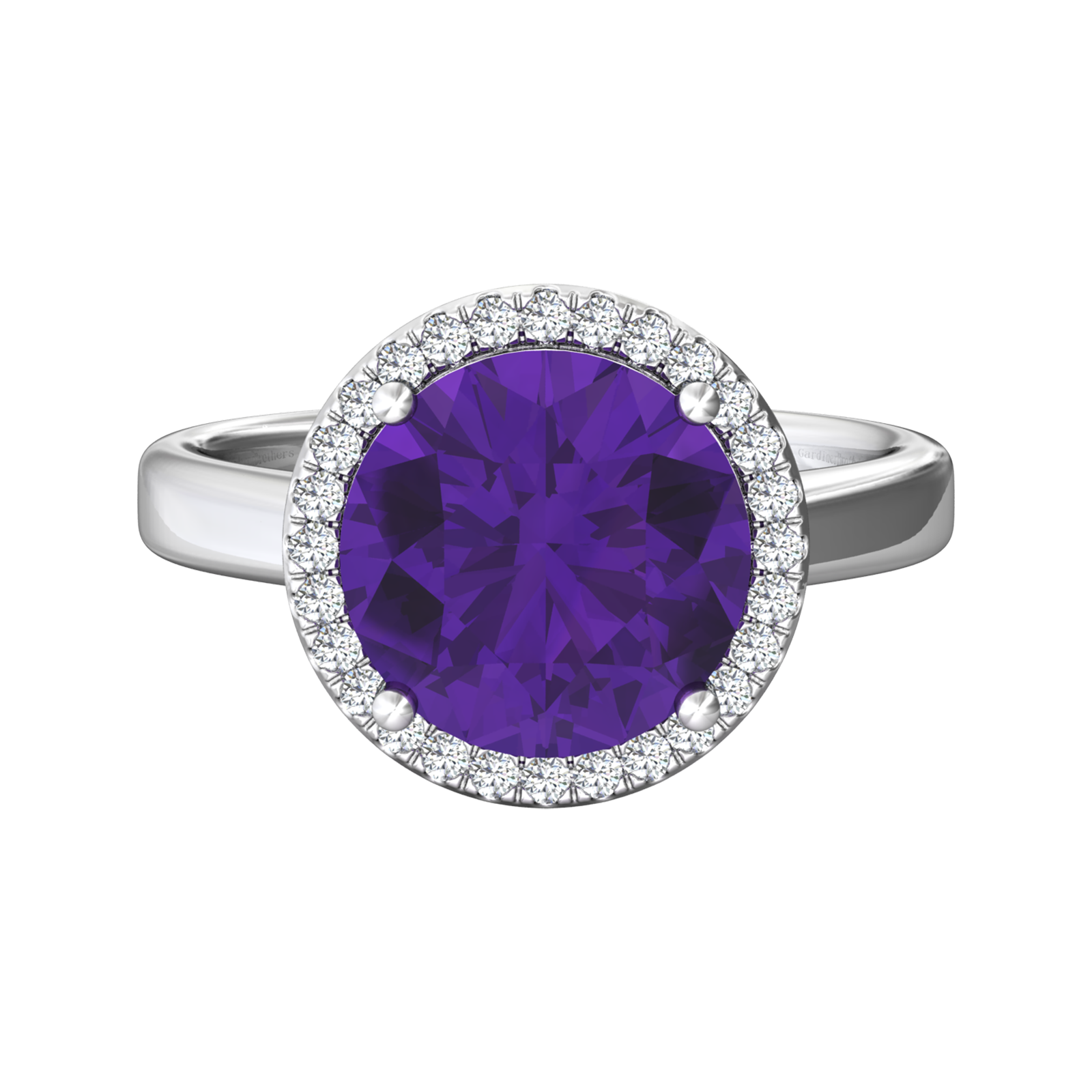 Nova round Amethyst ring with a halo of diamonds Gardiner Brothers
