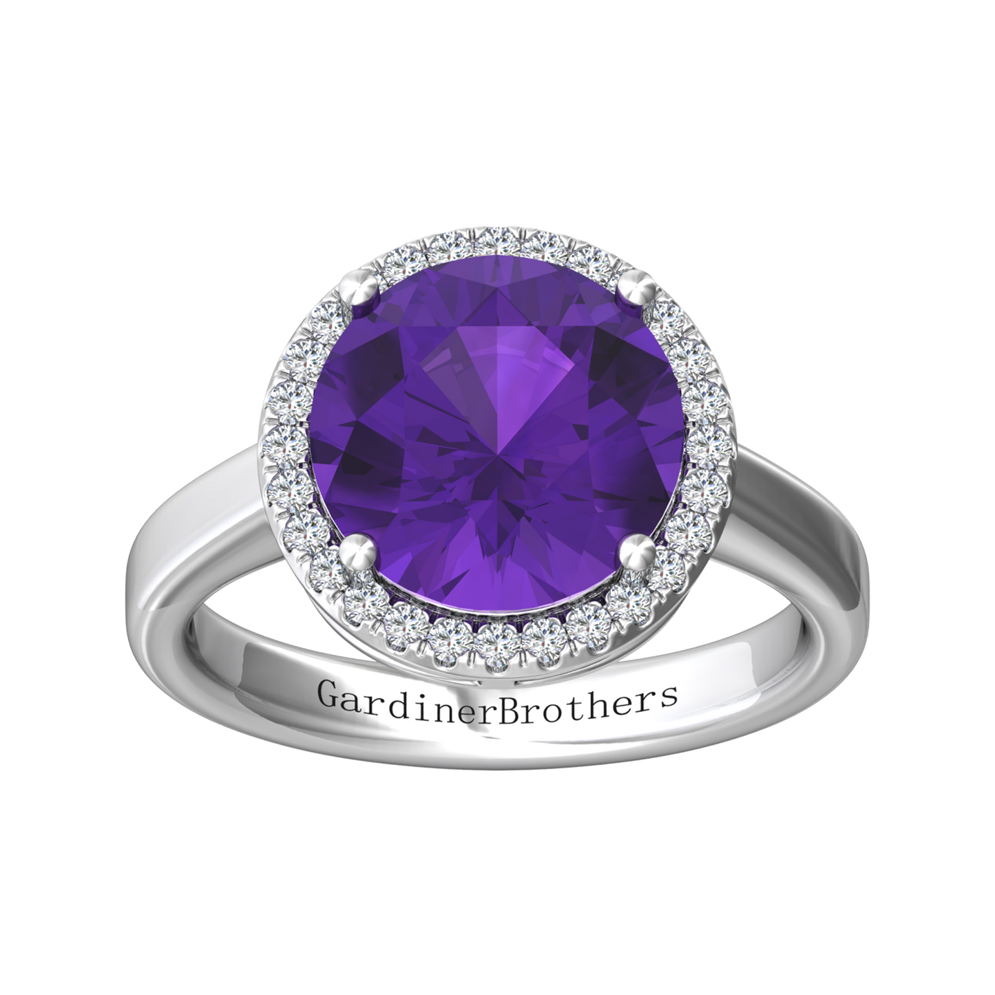 Nova round Amethyst ring with a halo of diamonds Gardiner Brothers