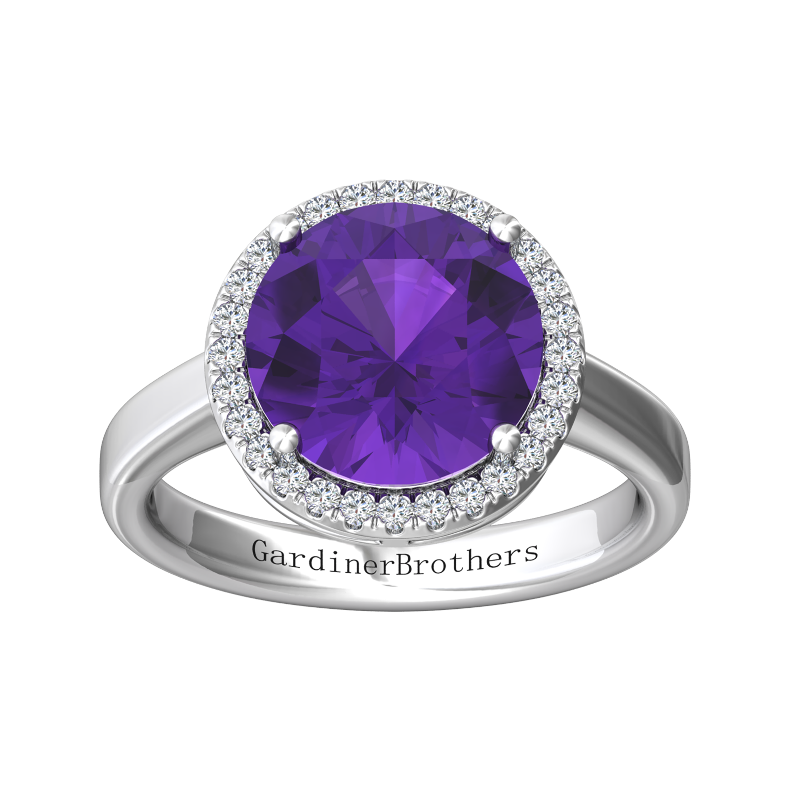 Nova round Amethyst ring with a halo of diamonds Gardiner Brothers