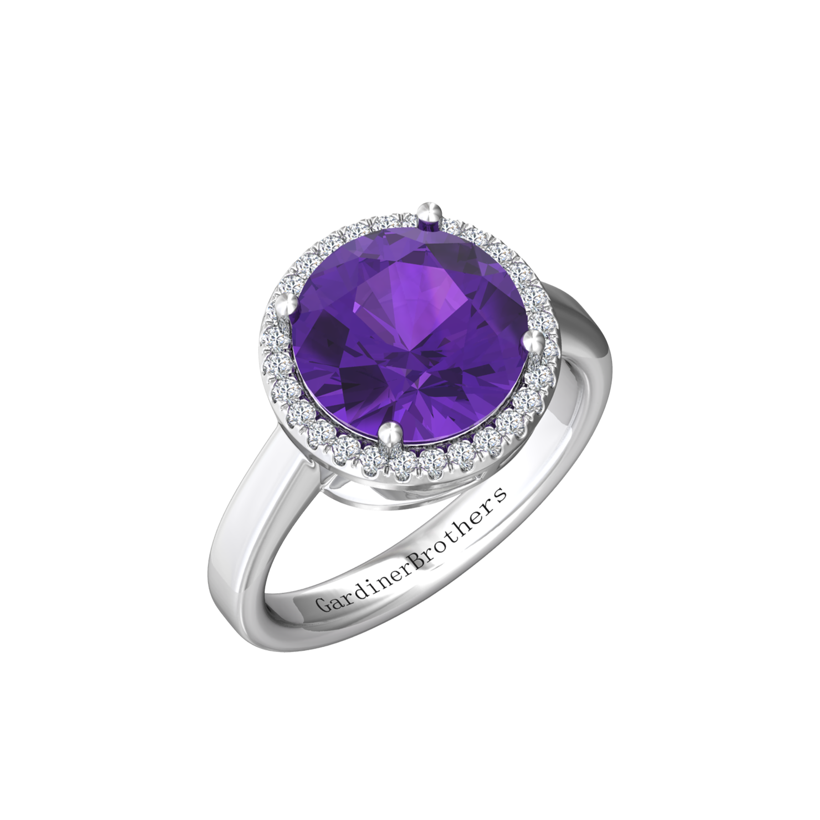 Nova round Amethyst ring with a halo of diamonds Gardiner Brothers White Gold