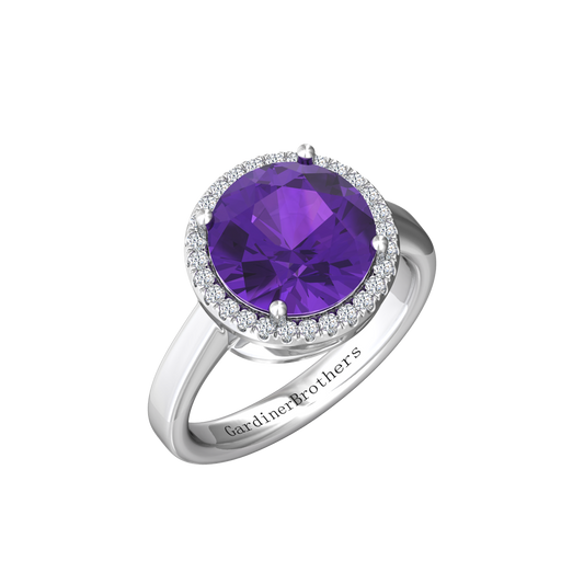 Nova round Amethyst ring with a halo of diamonds Gardiner Brothers White Gold