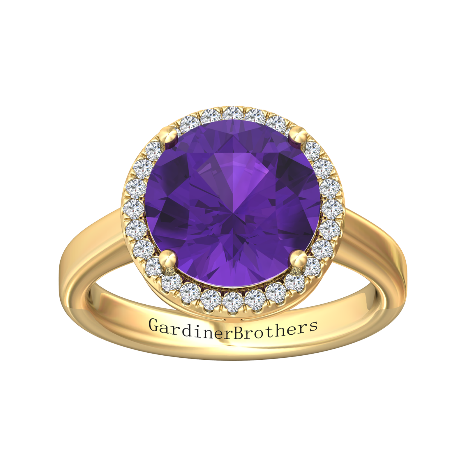 Nova round Amethyst ring with a halo of diamonds Gardiner Brothers