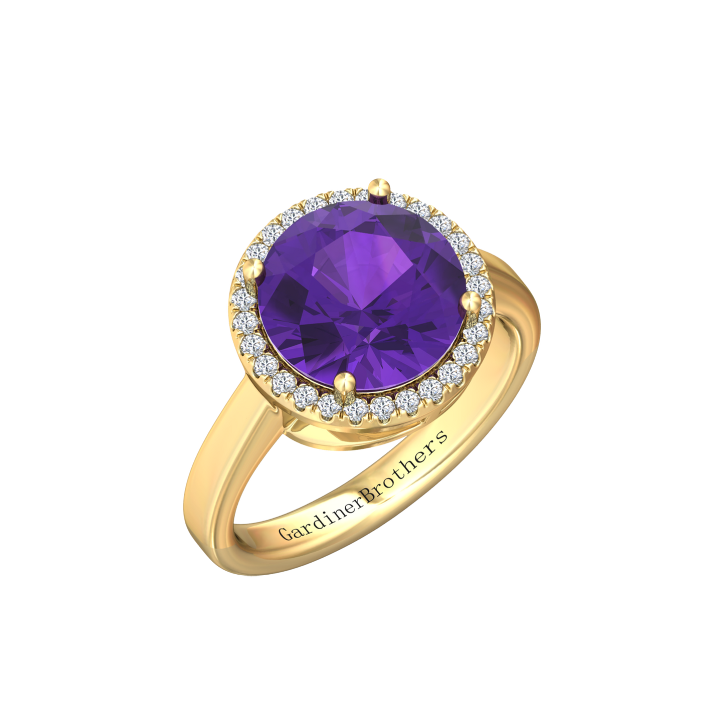 Nova round Amethyst ring with a halo of diamonds Gardiner Brothers Yellow Gold