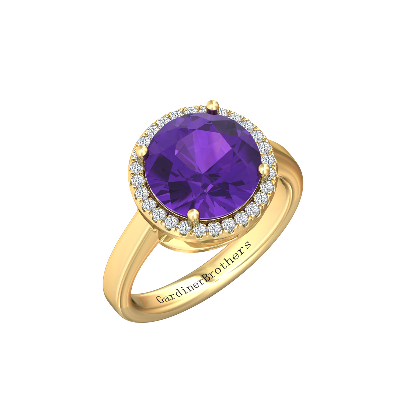 Nova round Amethyst ring with a halo of diamonds Gardiner Brothers Yellow Gold