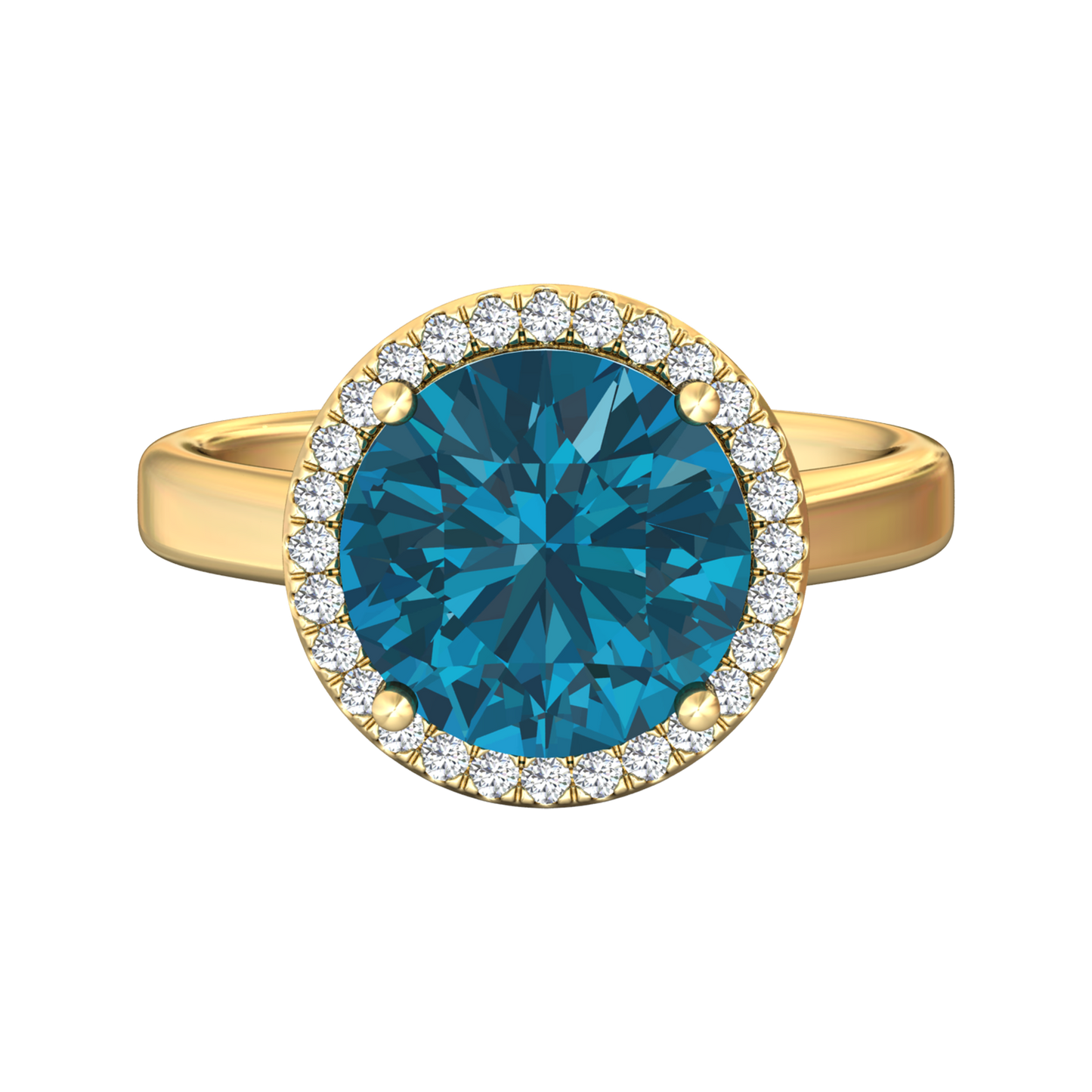 Nova round London Blue Topaz ring with a halo of diamonds Gardiner Brothers
