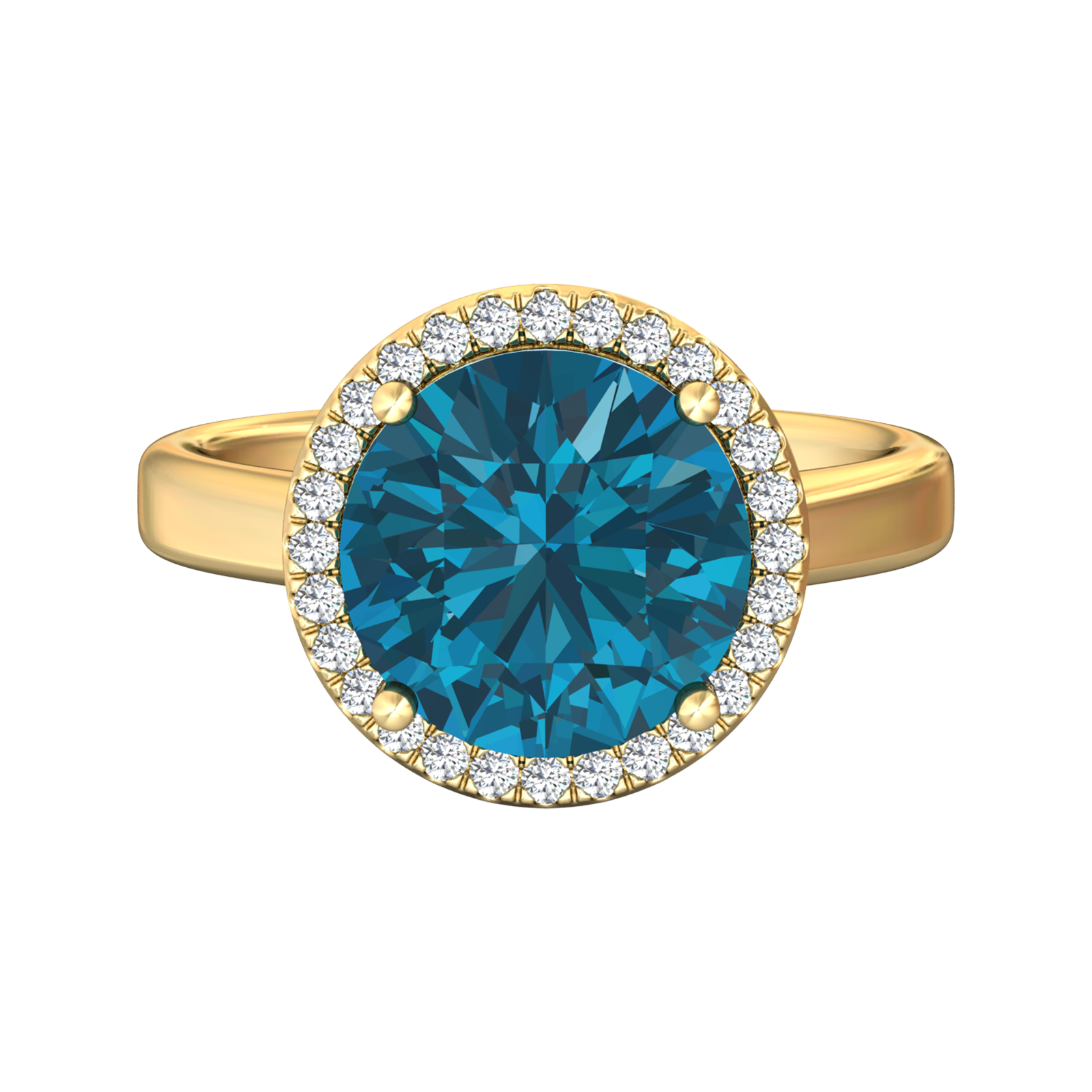 Nova round London Blue Topaz ring with a halo of diamonds Gardiner Brothers