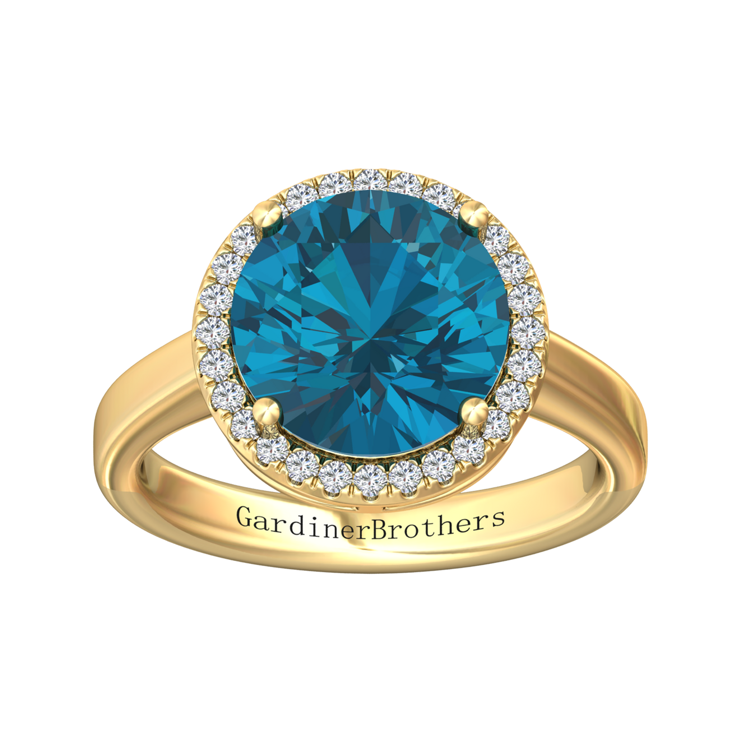 Nova round London Blue Topaz ring with a halo of diamonds Gardiner Brothers