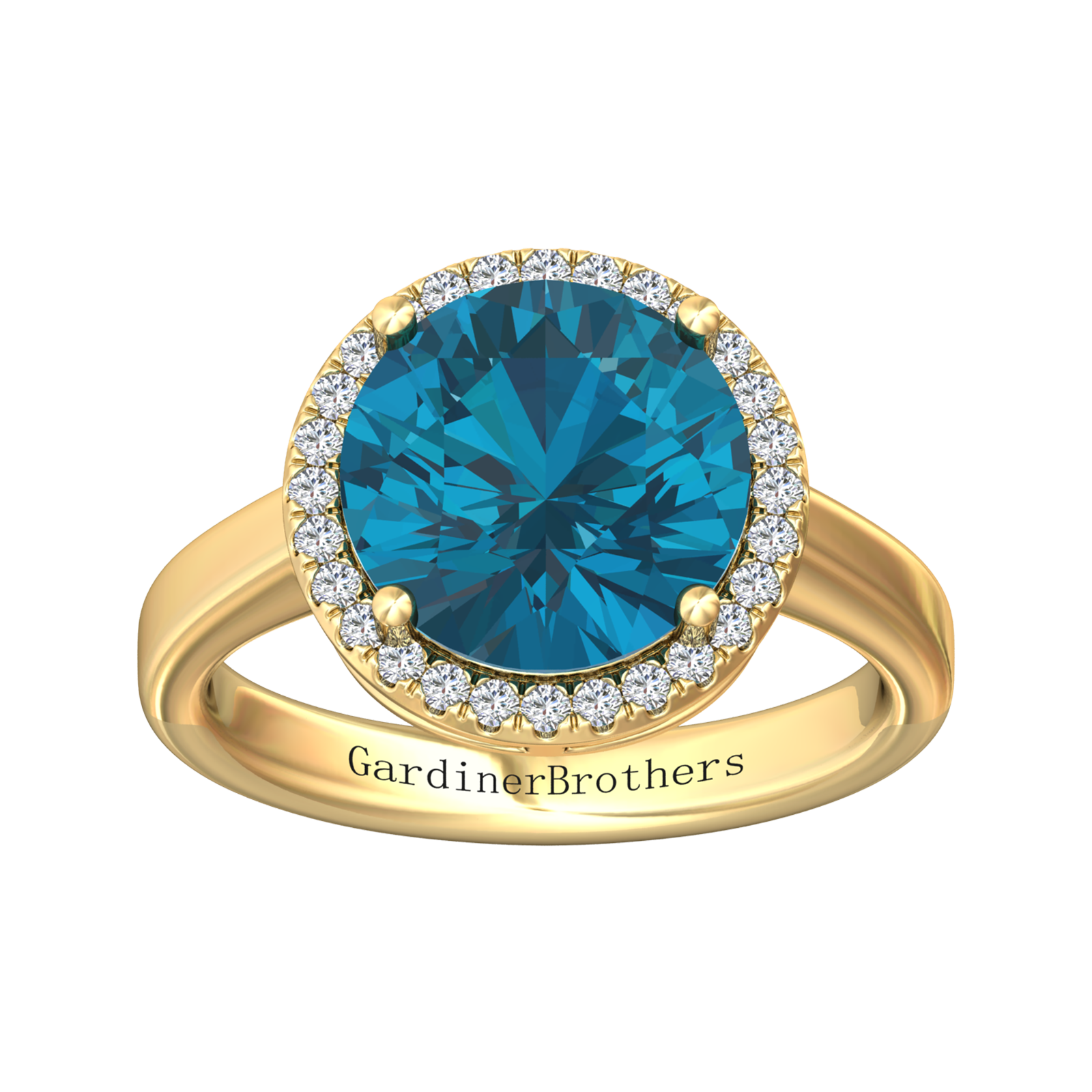 Nova round London Blue Topaz ring with a halo of diamonds Gardiner Brothers