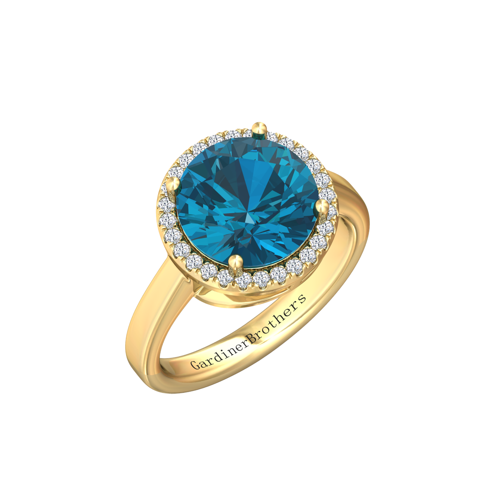 Nova round London Blue Topaz ring with a halo of diamonds Gardiner Brothers Yellow Gold
