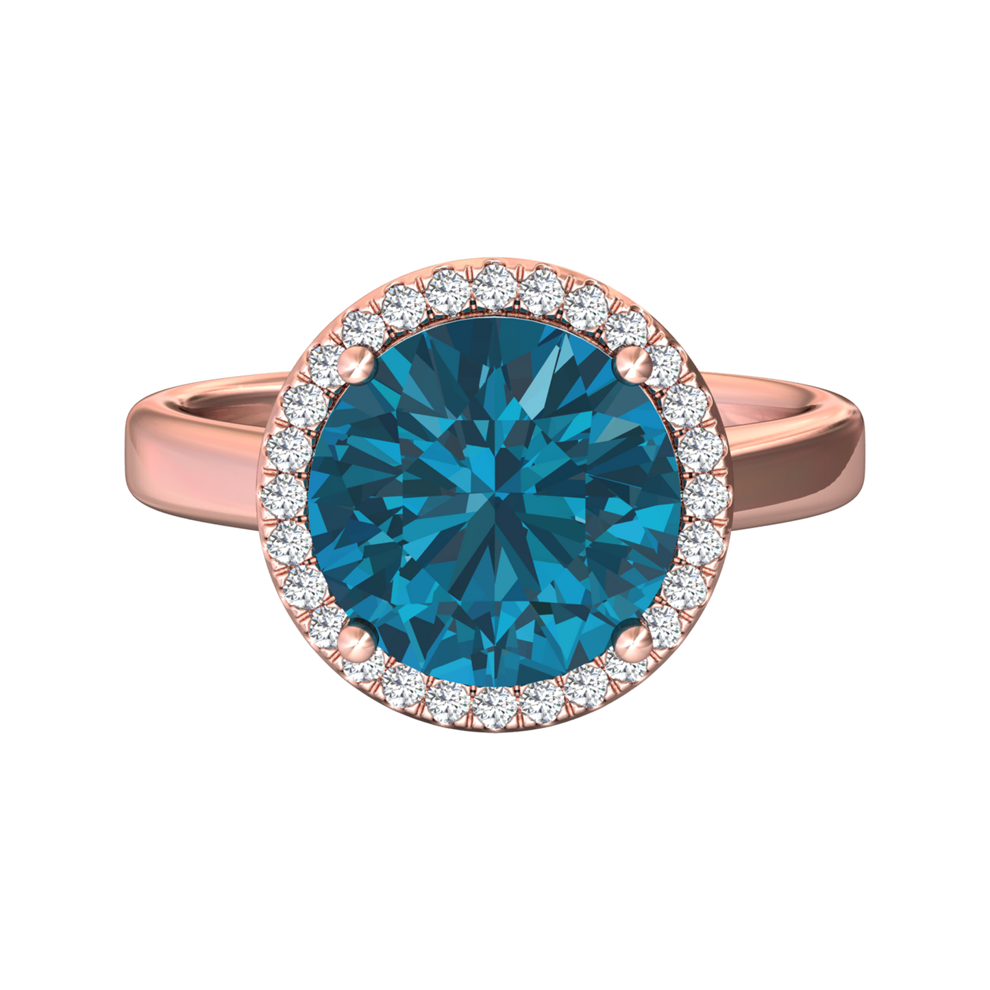 Nova round London Blue Topaz ring with a halo of diamonds Gardiner Brothers