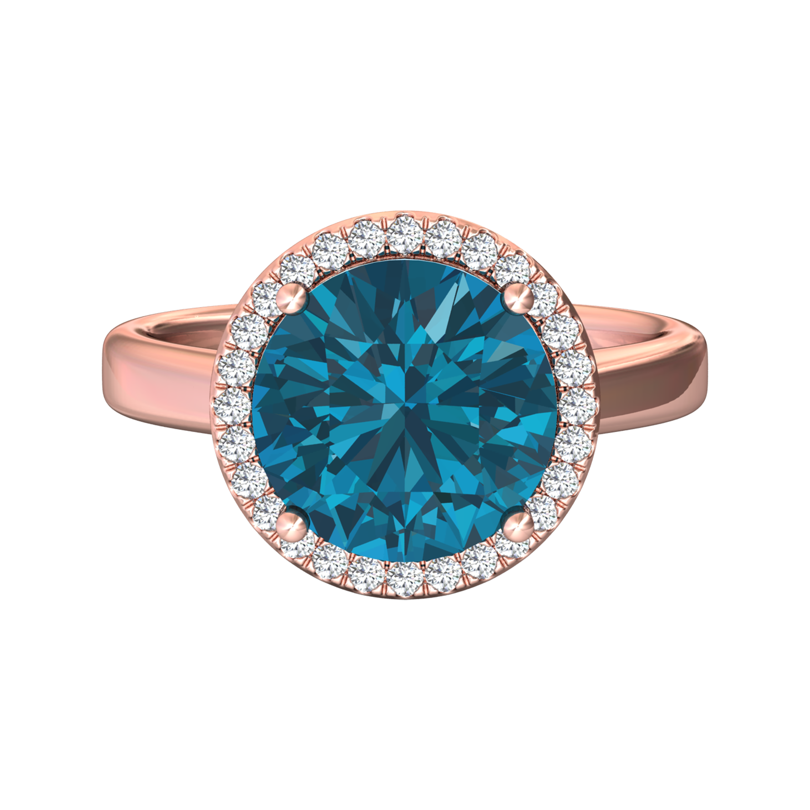 Nova round London Blue Topaz ring with a halo of diamonds Gardiner Brothers