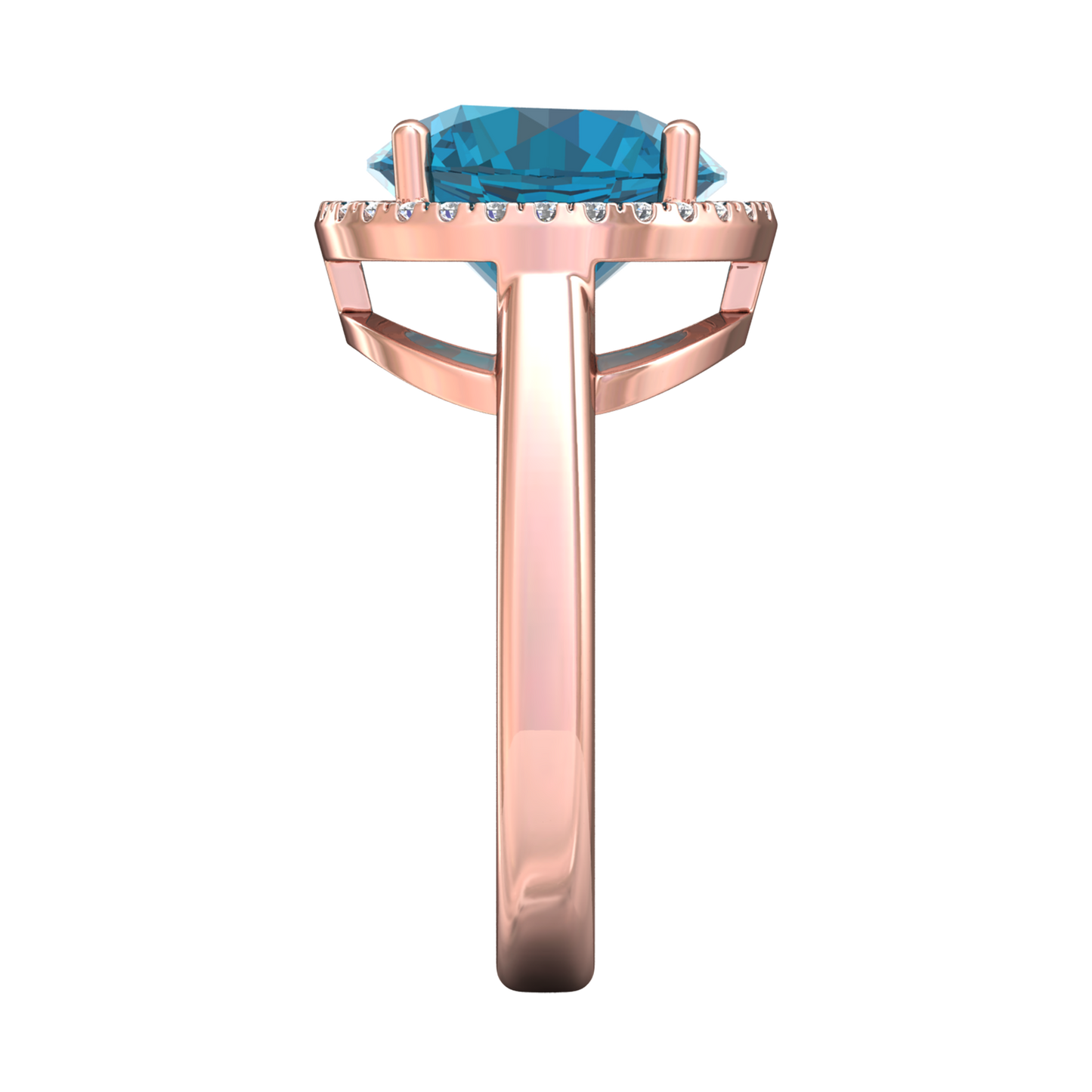 Nova round London Blue Topaz ring with a halo of diamonds Gardiner Brothers