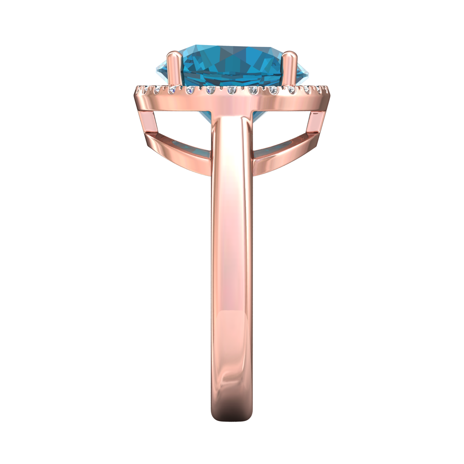 Nova round London Blue Topaz ring with a halo of diamonds Gardiner Brothers