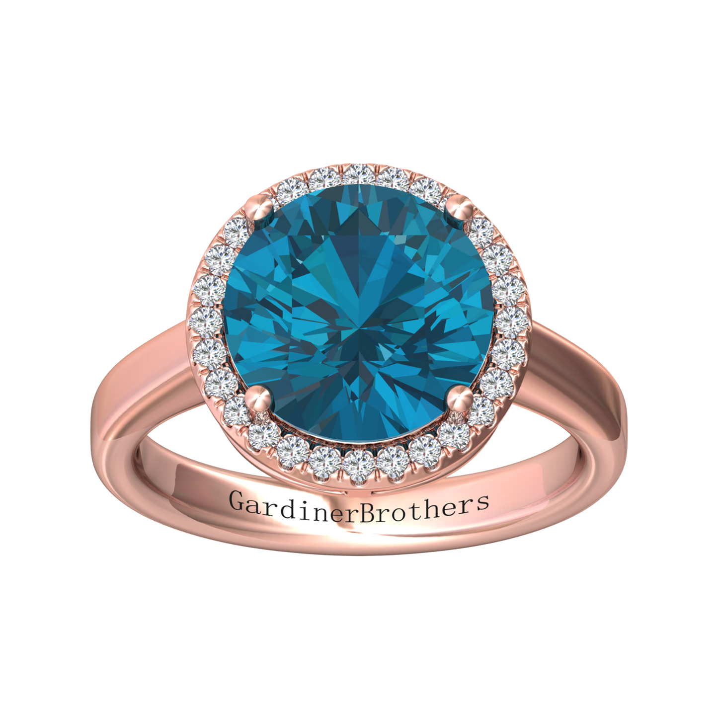 Nova round London Blue Topaz ring with a halo of diamonds Gardiner Brothers