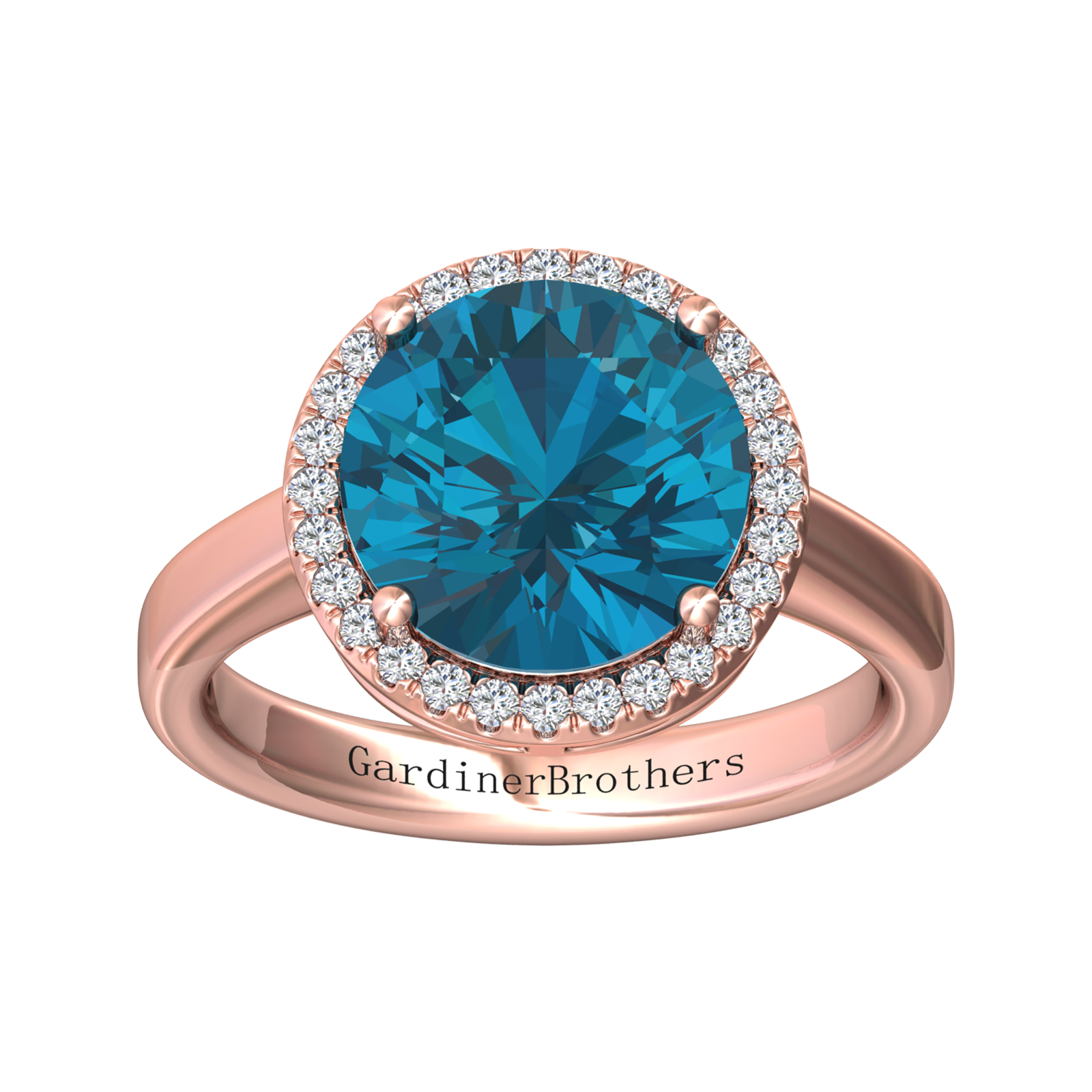 Nova round London Blue Topaz ring with a halo of diamonds Gardiner Brothers