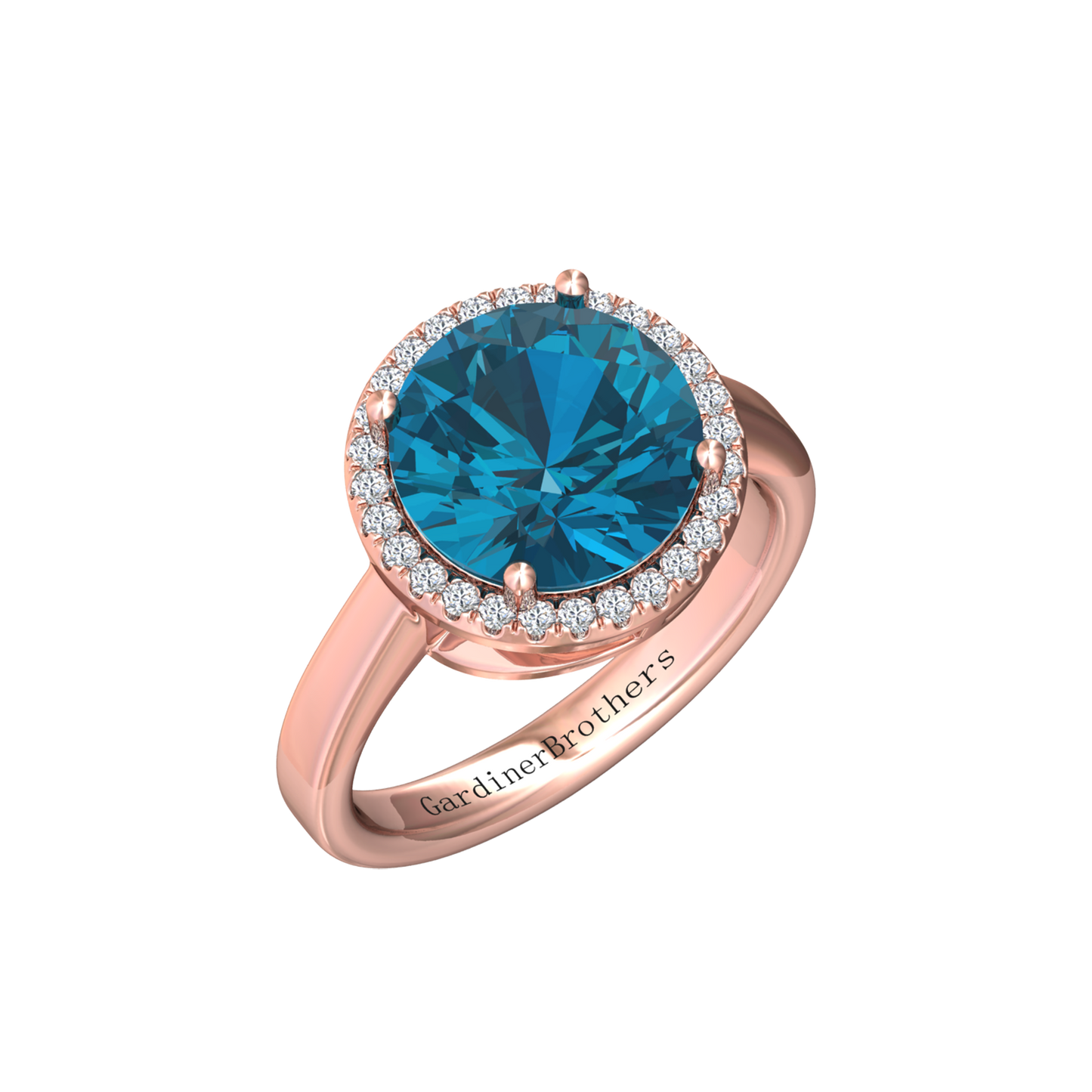 Nova round London Blue Topaz ring with a halo of diamonds Gardiner Brothers Rose Gold