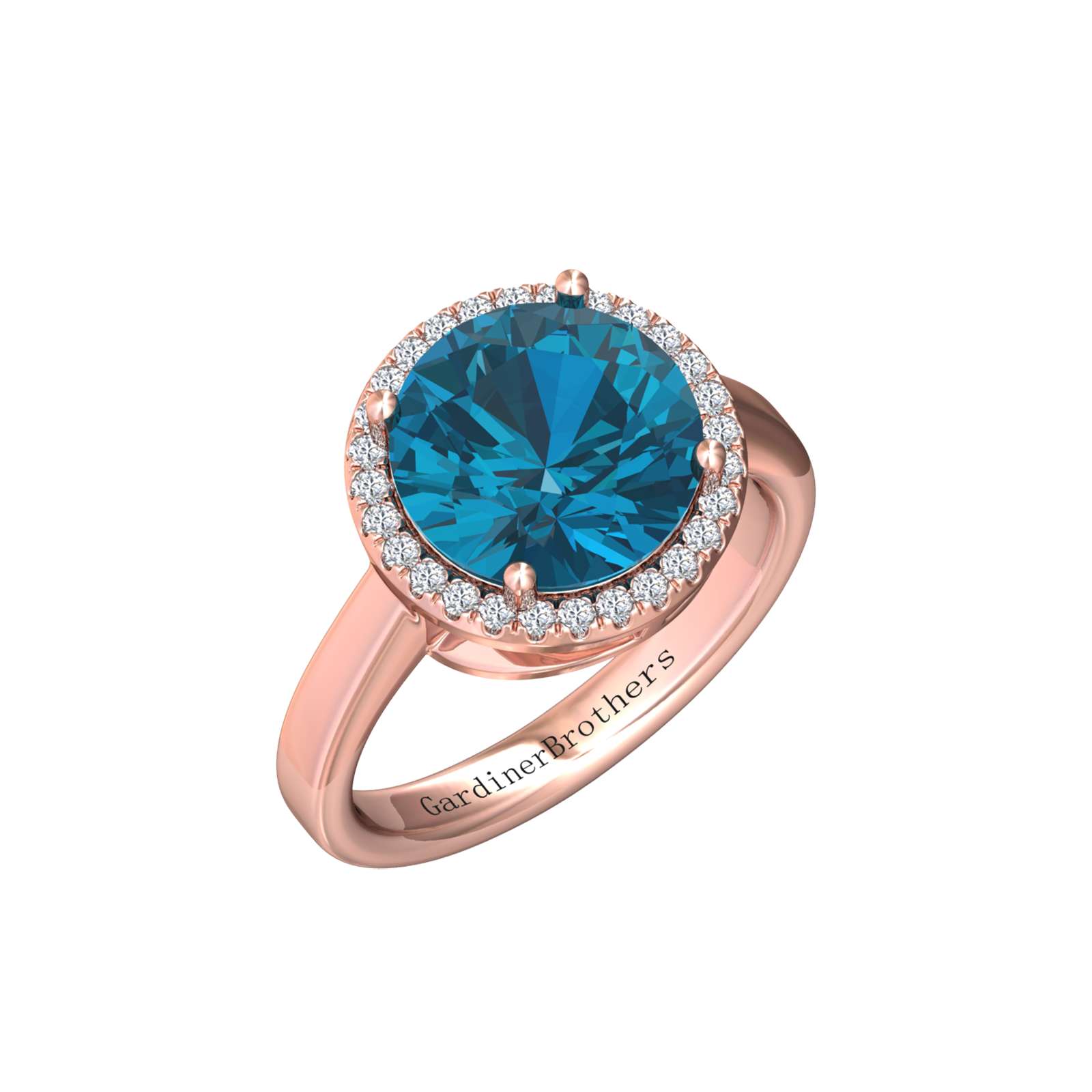 Nova round London Blue Topaz ring with a halo of diamonds Gardiner Brothers Rose Gold