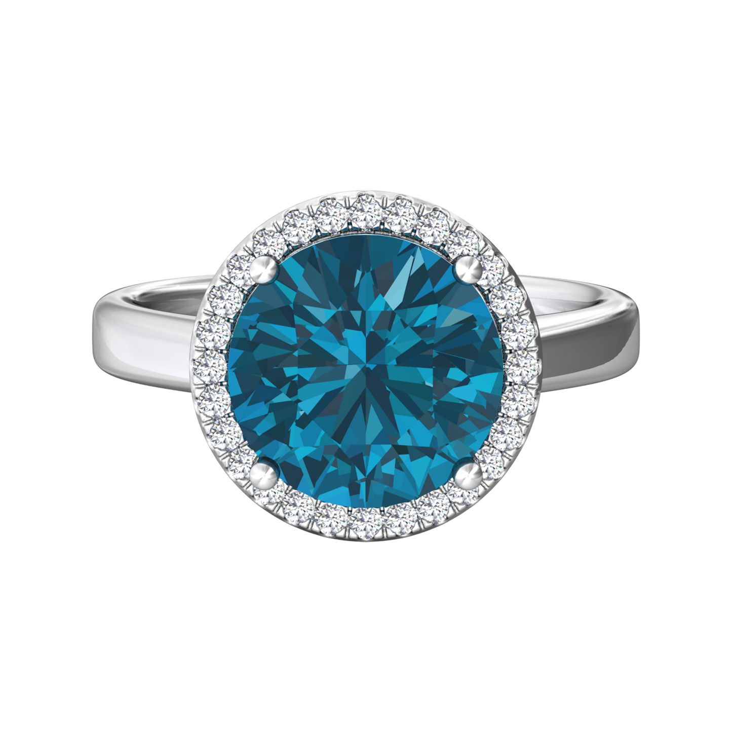 Nova round London Blue Topaz ring with a halo of diamonds Gardiner Brothers