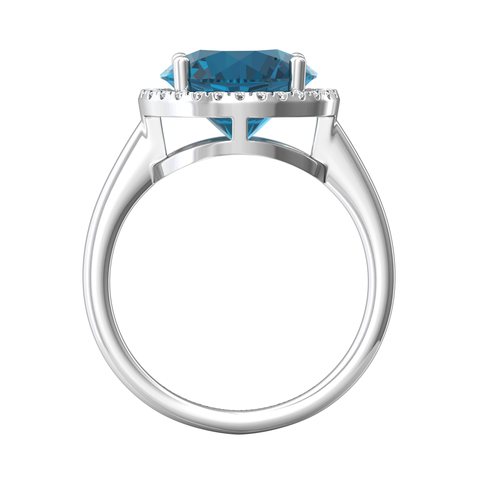 Nova round London Blue Topaz ring with a halo of diamonds Gardiner Brothers
